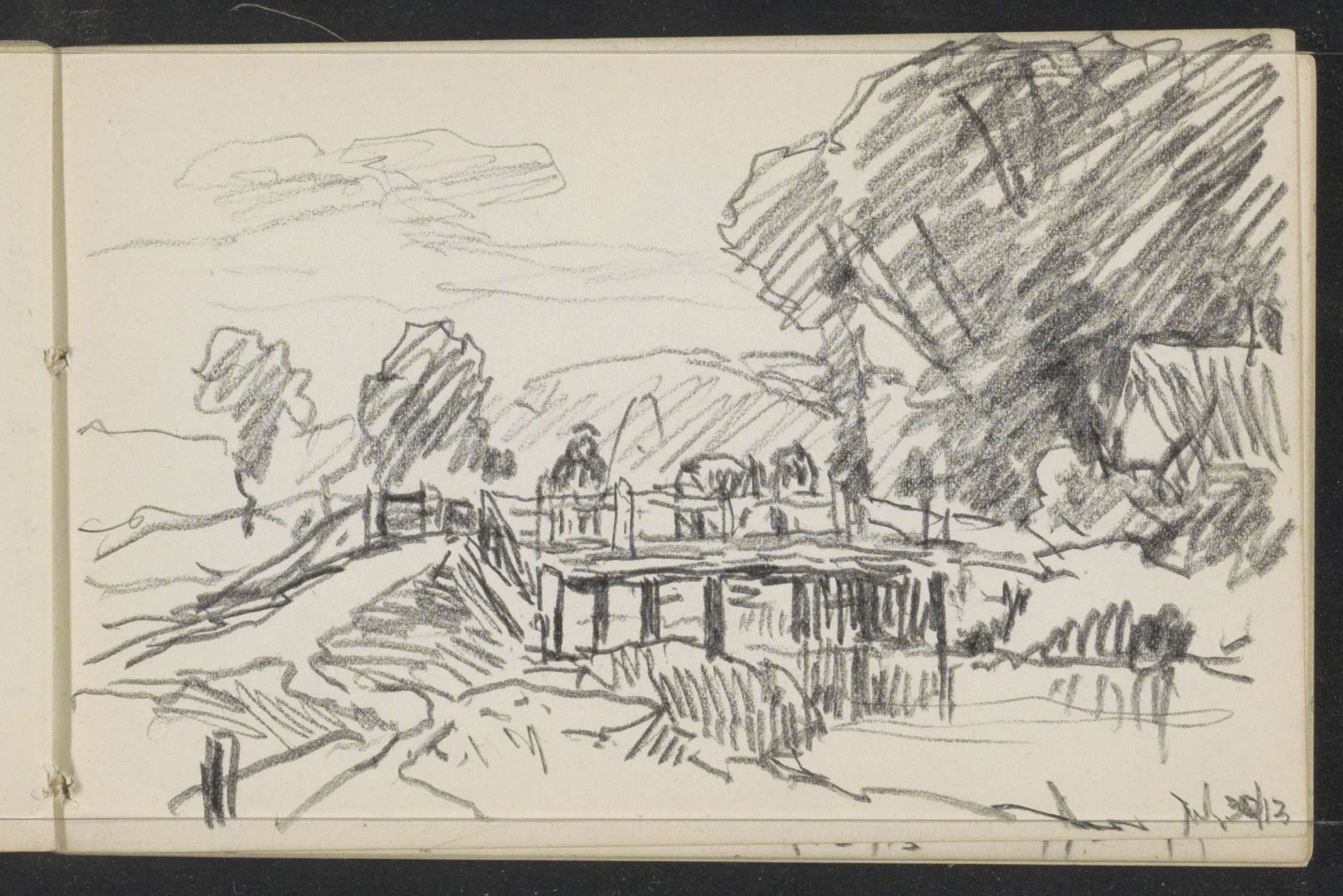 Figuur op een brug over een rivier by Alexander Shilling