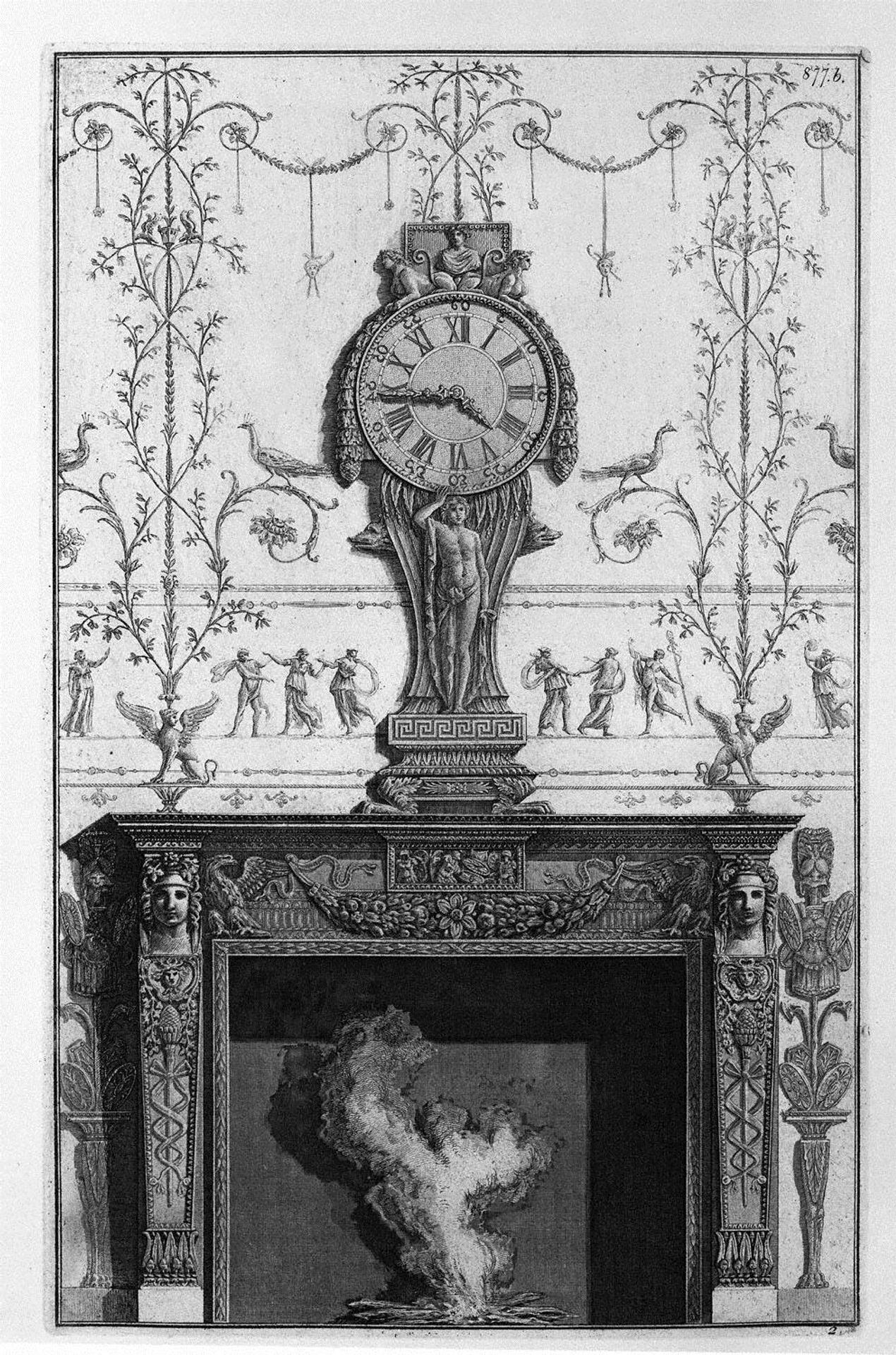 Fireplace: In a garland frieze between two eagles above the plane of a clock by Giovanni Battista Piranesi