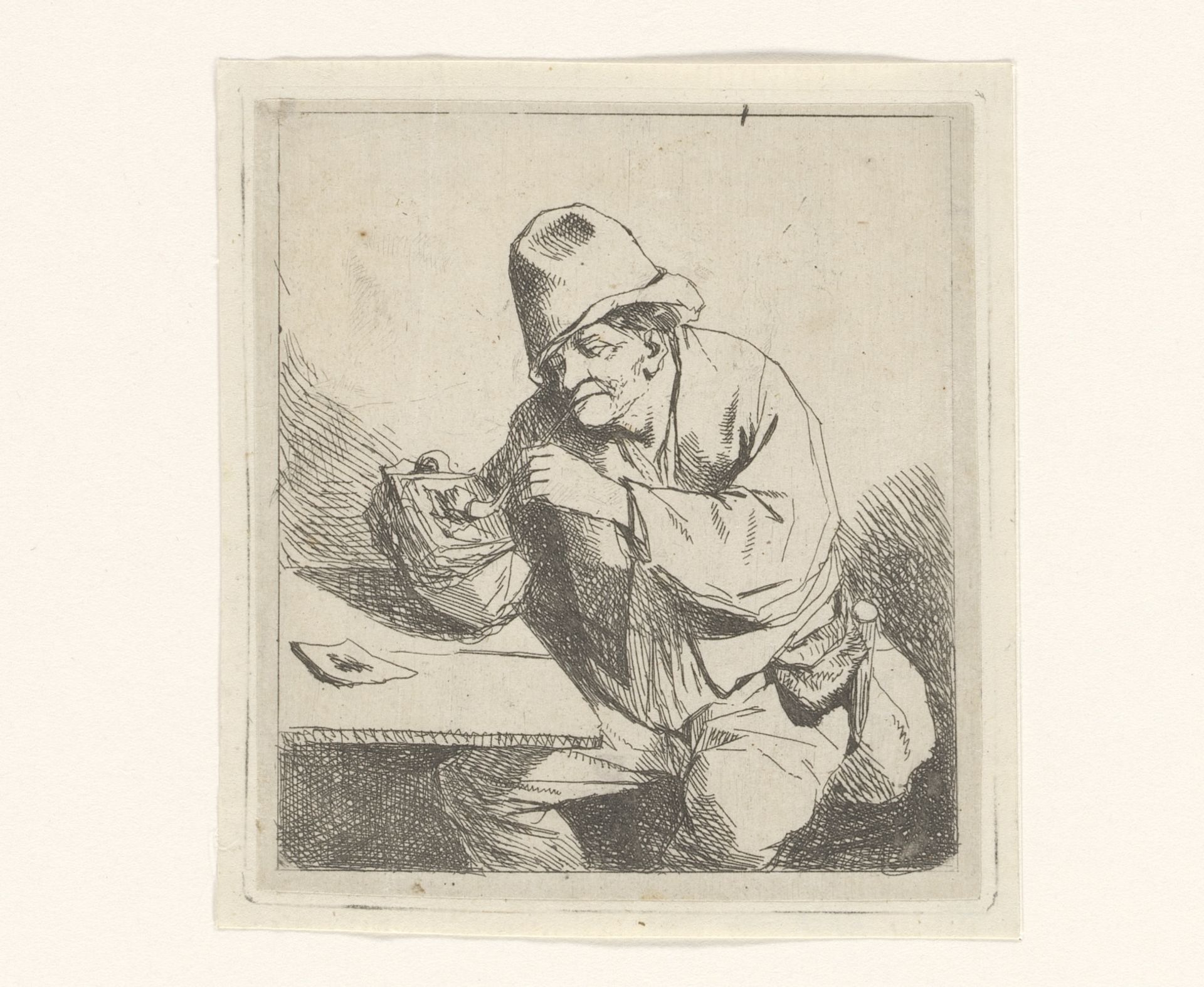 Zittende man steekt pijp aan by Cornelis Bega