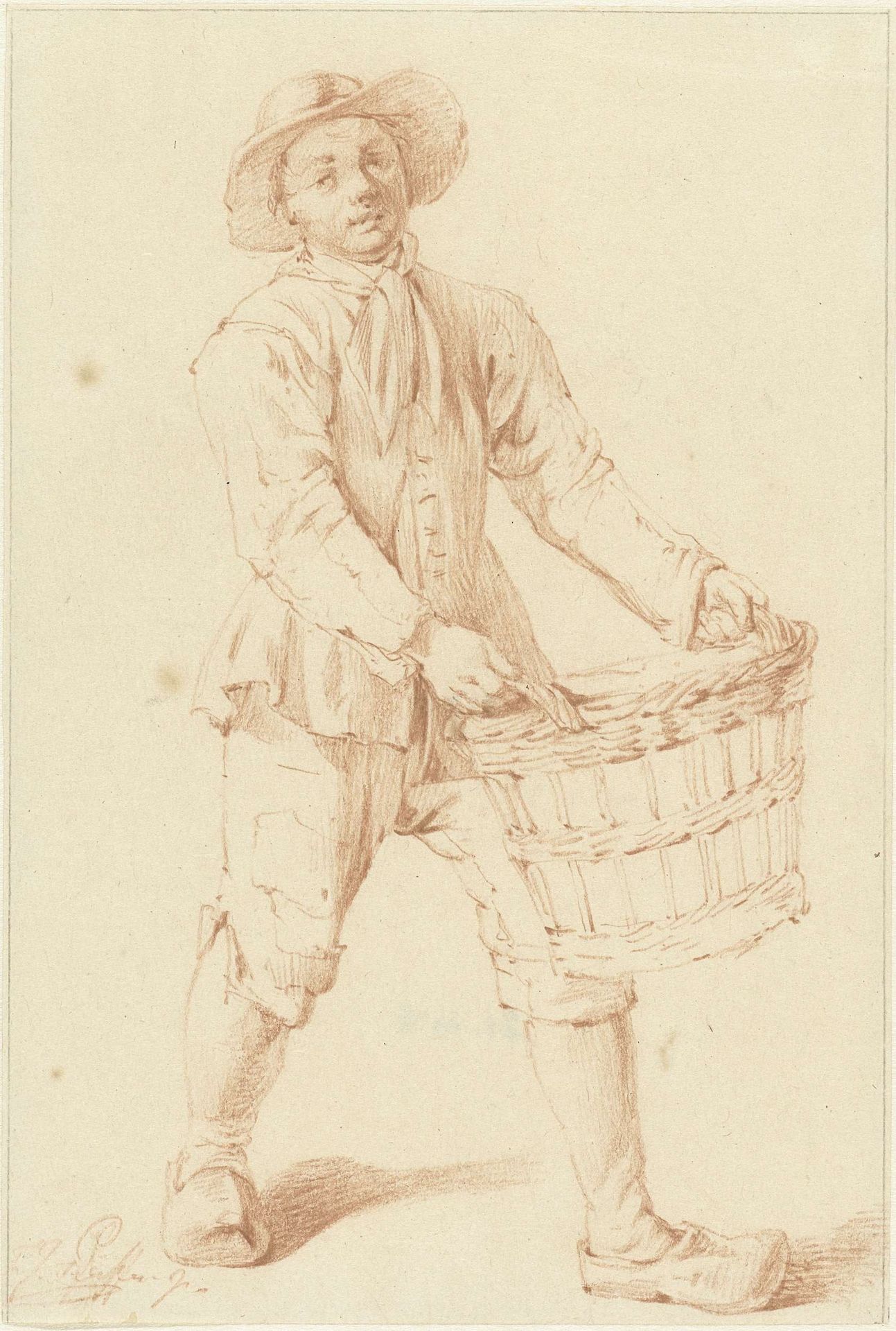 Jongen op klompen met een mand by François Joseph (II) Pfeiffer