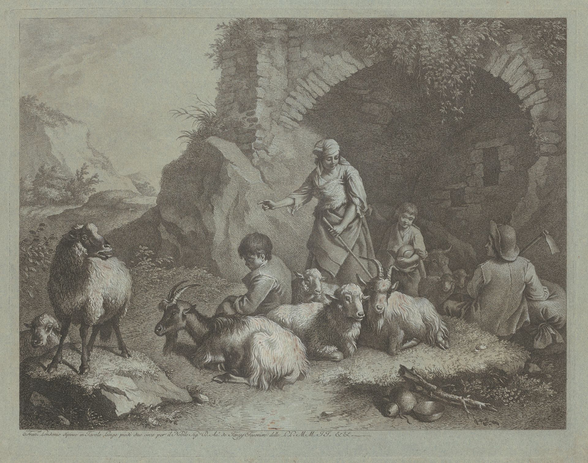 Woman, Shepherd Boys, and  Sheep near an Arch by Francesco Londonio