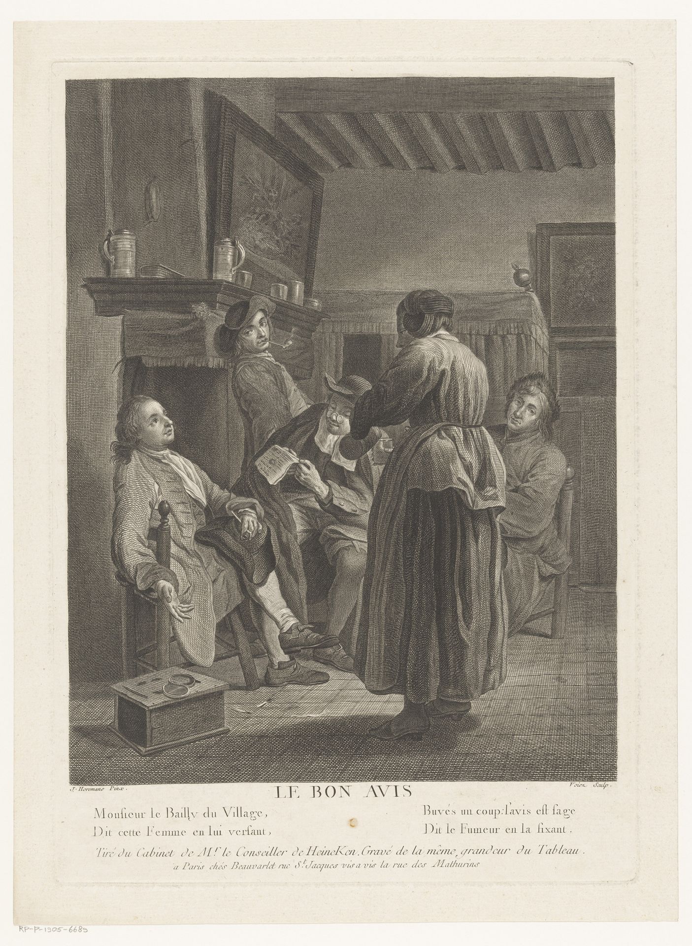 Vier mannen in een interieur, een meid bier inschenkend by Nicolas Joseph Voyez