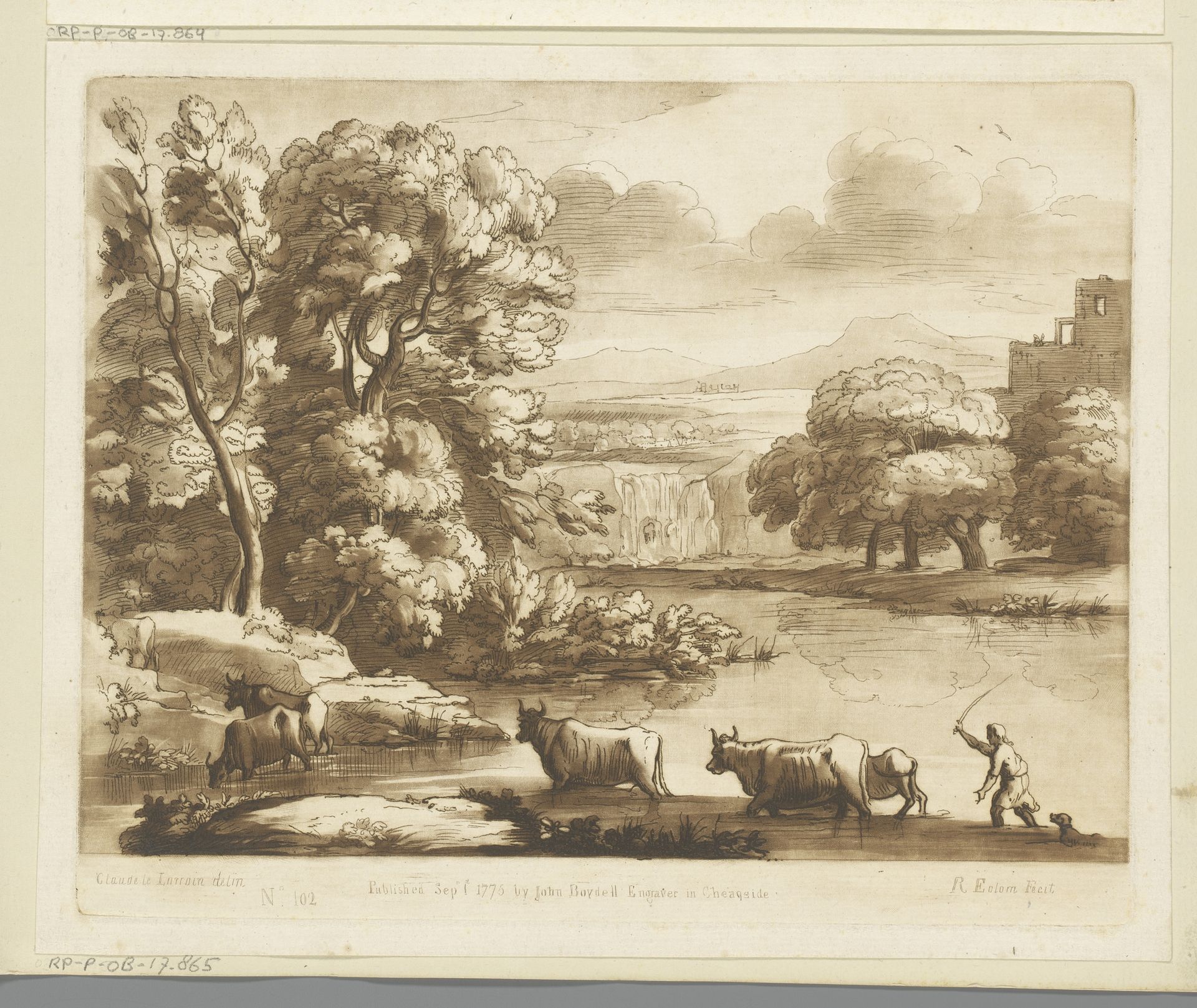 Landschap met waterval en vijf ossen en herder die een rivier oversteken by Richard Earlom