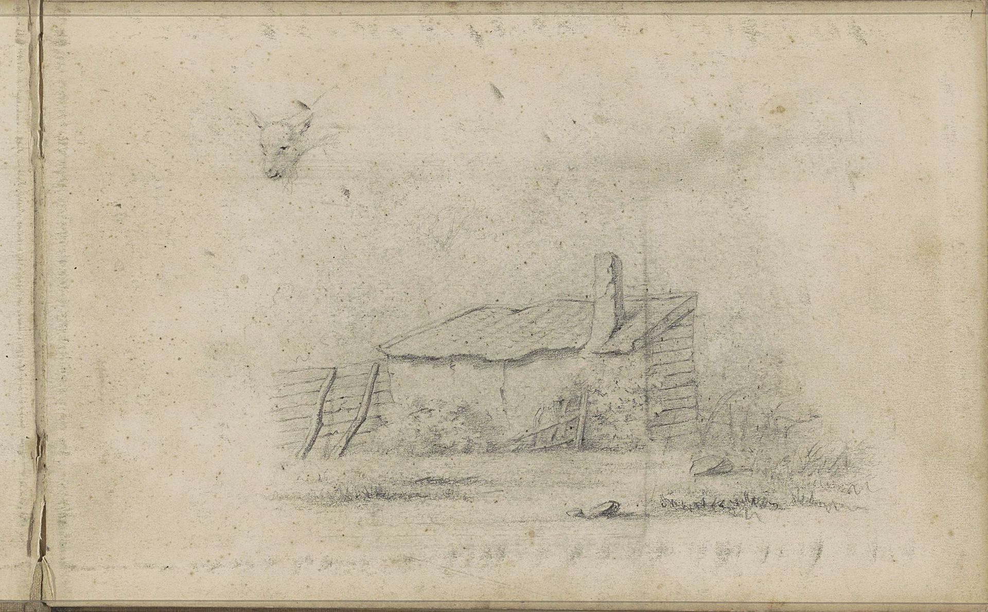 Schuur en een kop van een schaap by Willem Cornelis Rip
