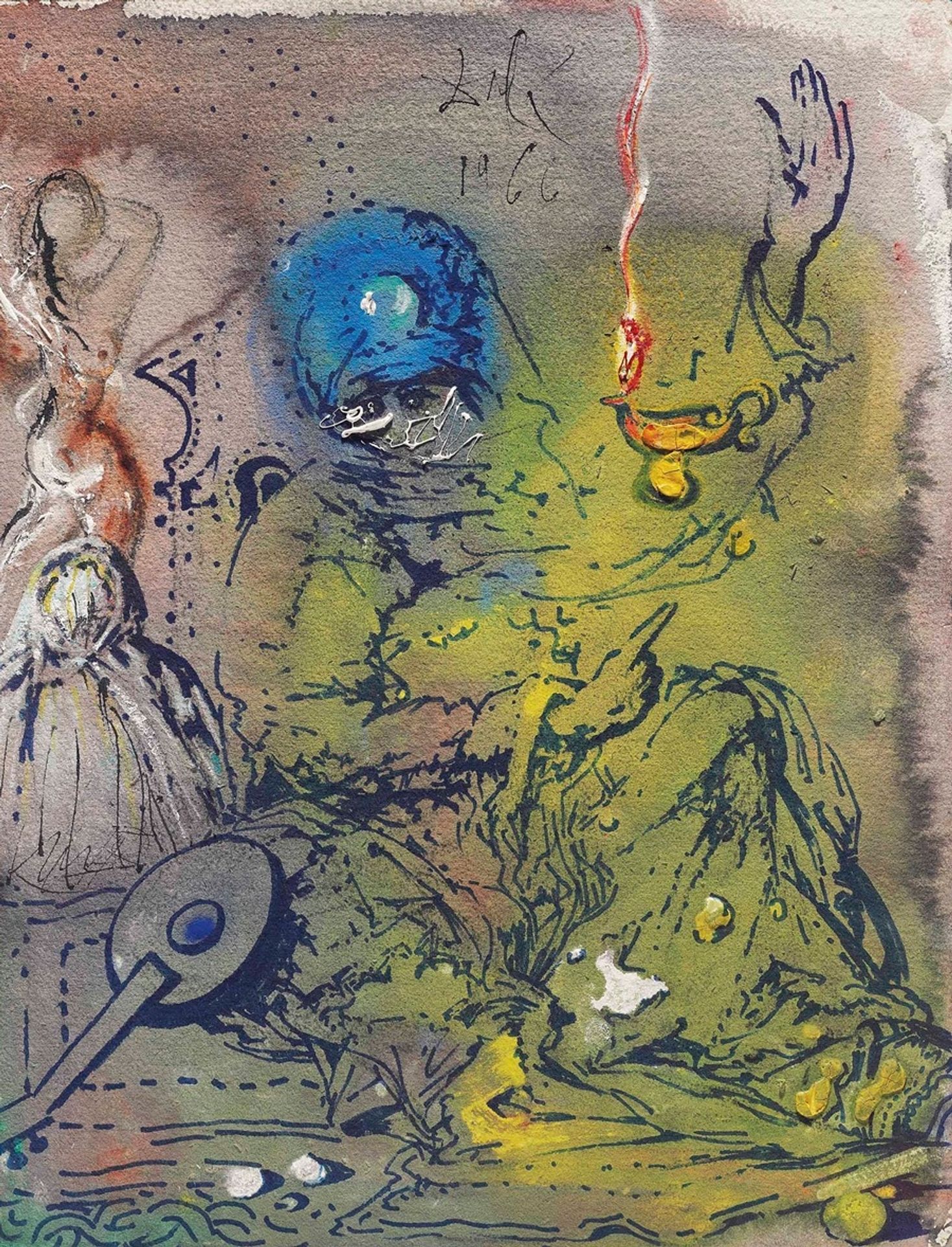 Femme voilée avec un turban bleu et lampe allumée by Salvador Dalí