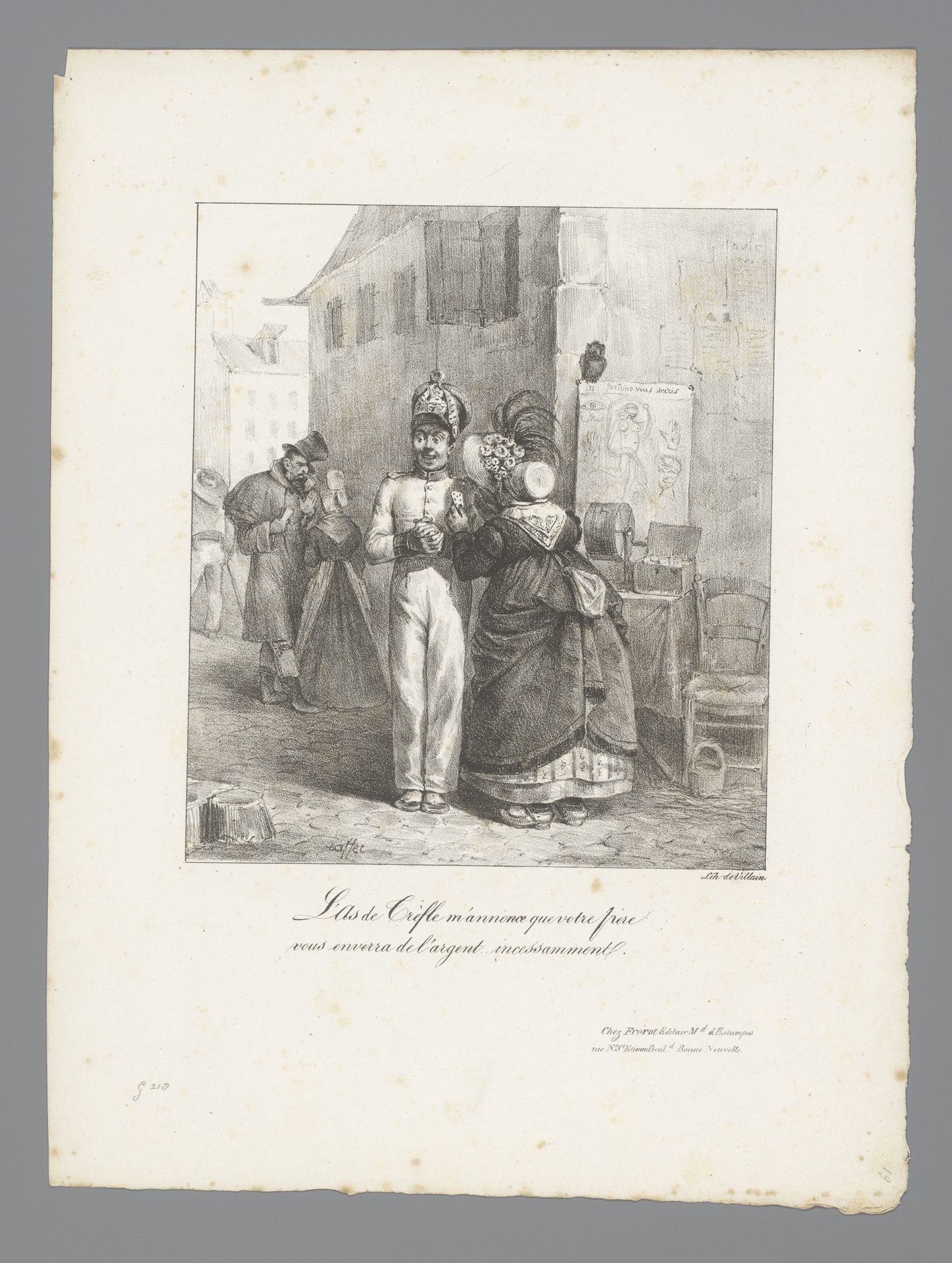 Waarzegster geeft consult aan man aan de hand van kaarten by Auguste Raffet