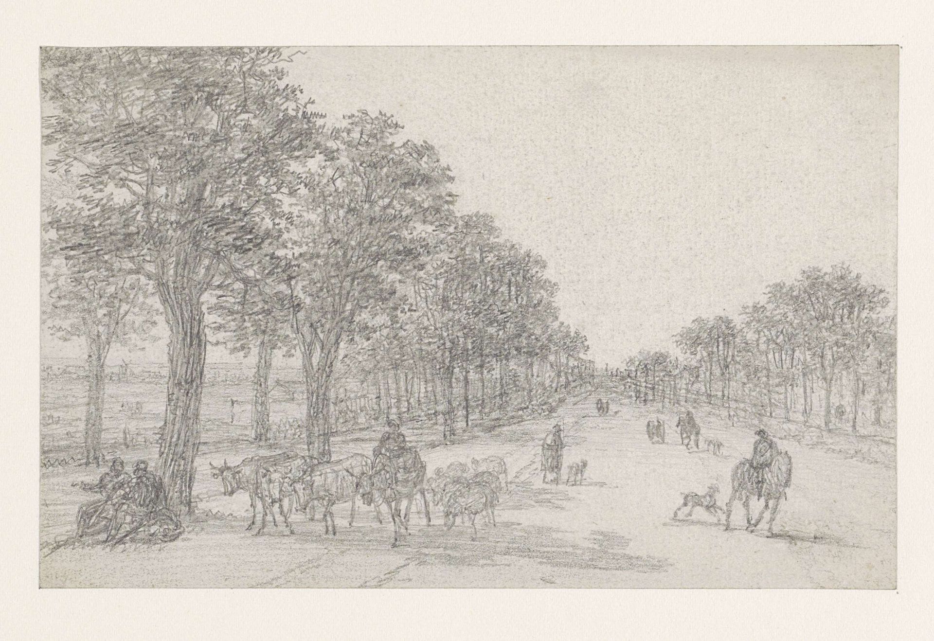 Boomrijke weg met een herder met kudde, man te paard en passanten by Georges Michel