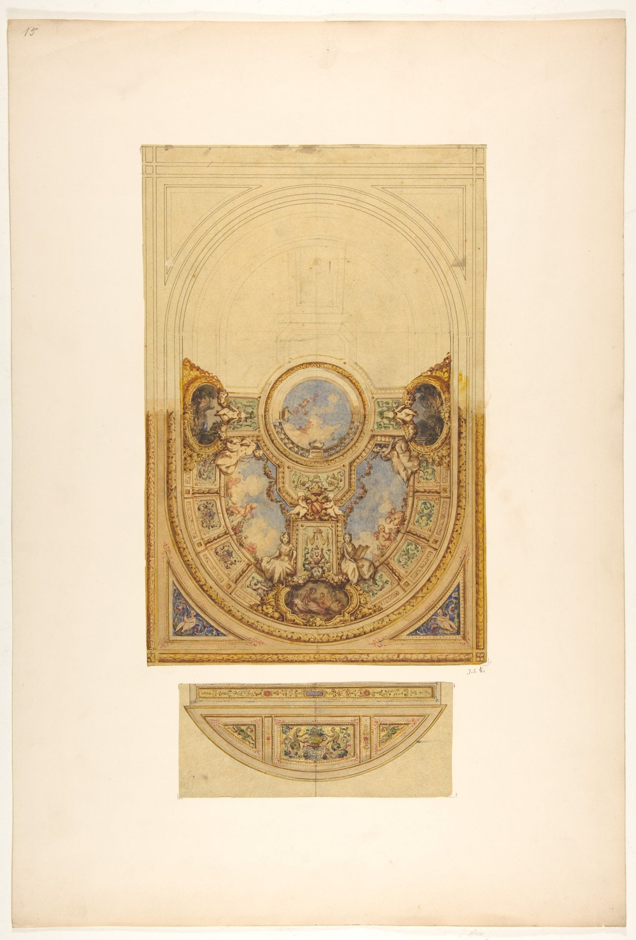 Design for the decoration of an oval ceiling with putti and garlands; with a detail of a lunette by Jules-Edmond-Charles Lachaise