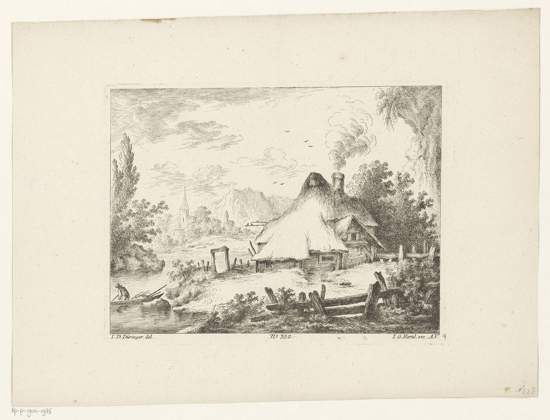 Rivierlandschap met boerderij aan het water by Johann Georg Hertel
