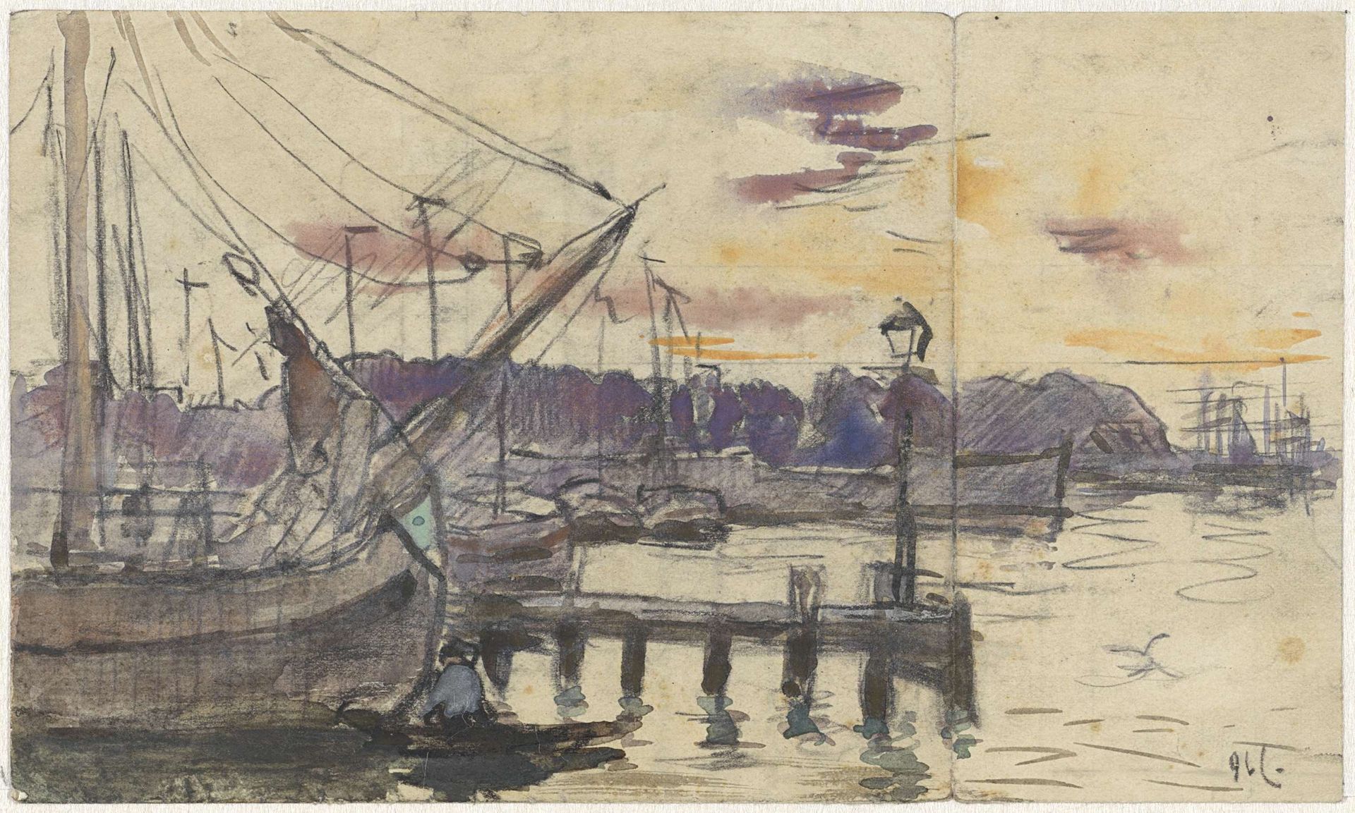 Kade met schepen by Adolf le Comte