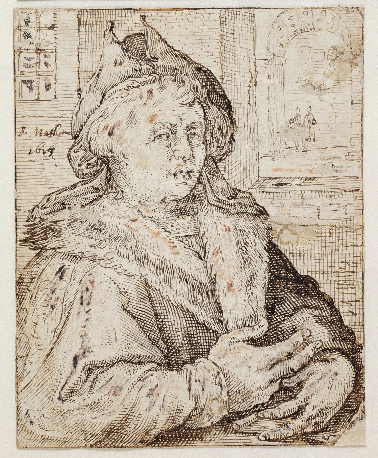 Portræt af en mand med hue og pelsbræmmet kappe, vendt mod h. T.h. gennem en vinduesåbning udsigt til andre rum by Jacob Matham