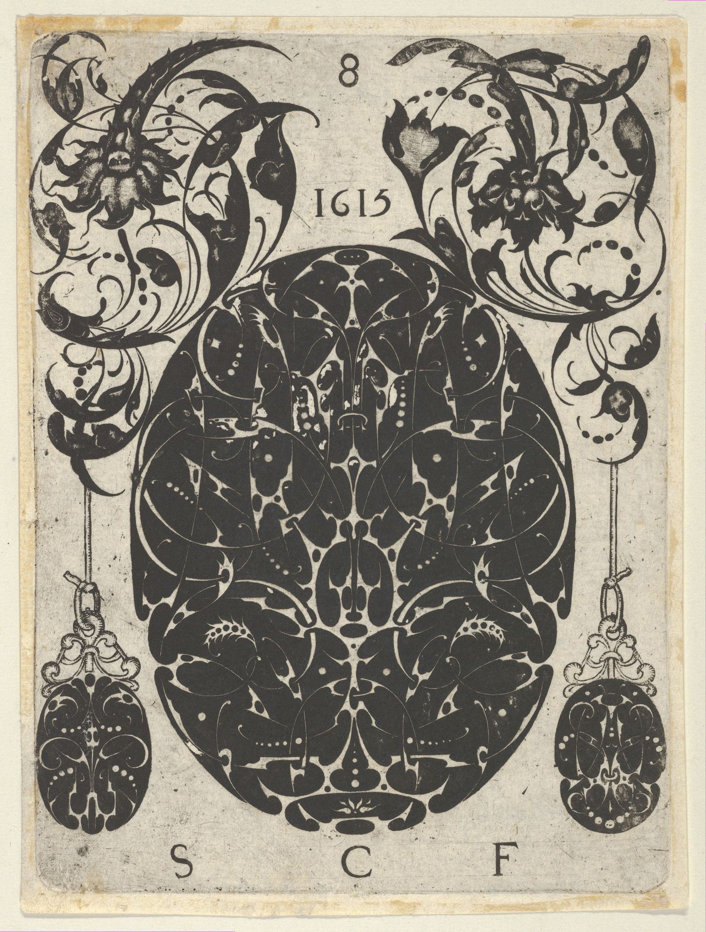 Blackwork Print with an Oval at Center Flanked by Pendants Hanging from Foliate Scrolls, from a Series of Blackwork Prints for Goldsmiths' Work by Etienne Carteron