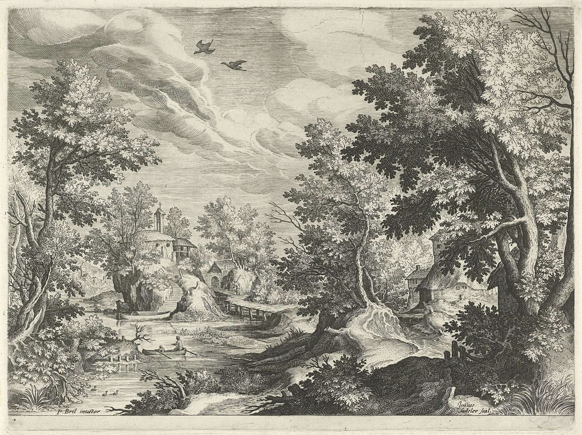 Rivierlandschap met een roeiboot by Johann Sadeler I