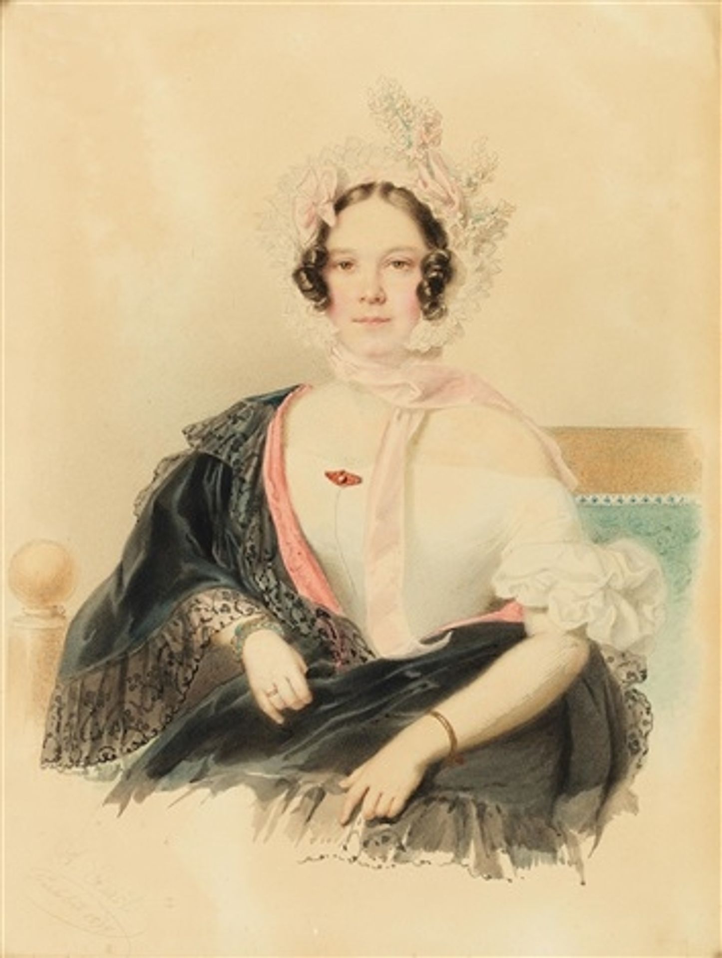 A portrait of a woman in a bonnet with a pink ribbon by Alexander Clarot