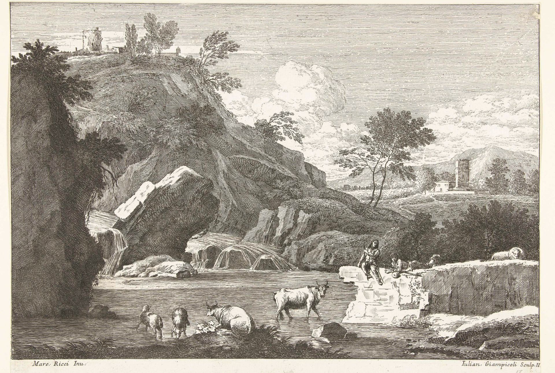Landschap met twee herders en vee bij water by Giuliano Giampiccoli