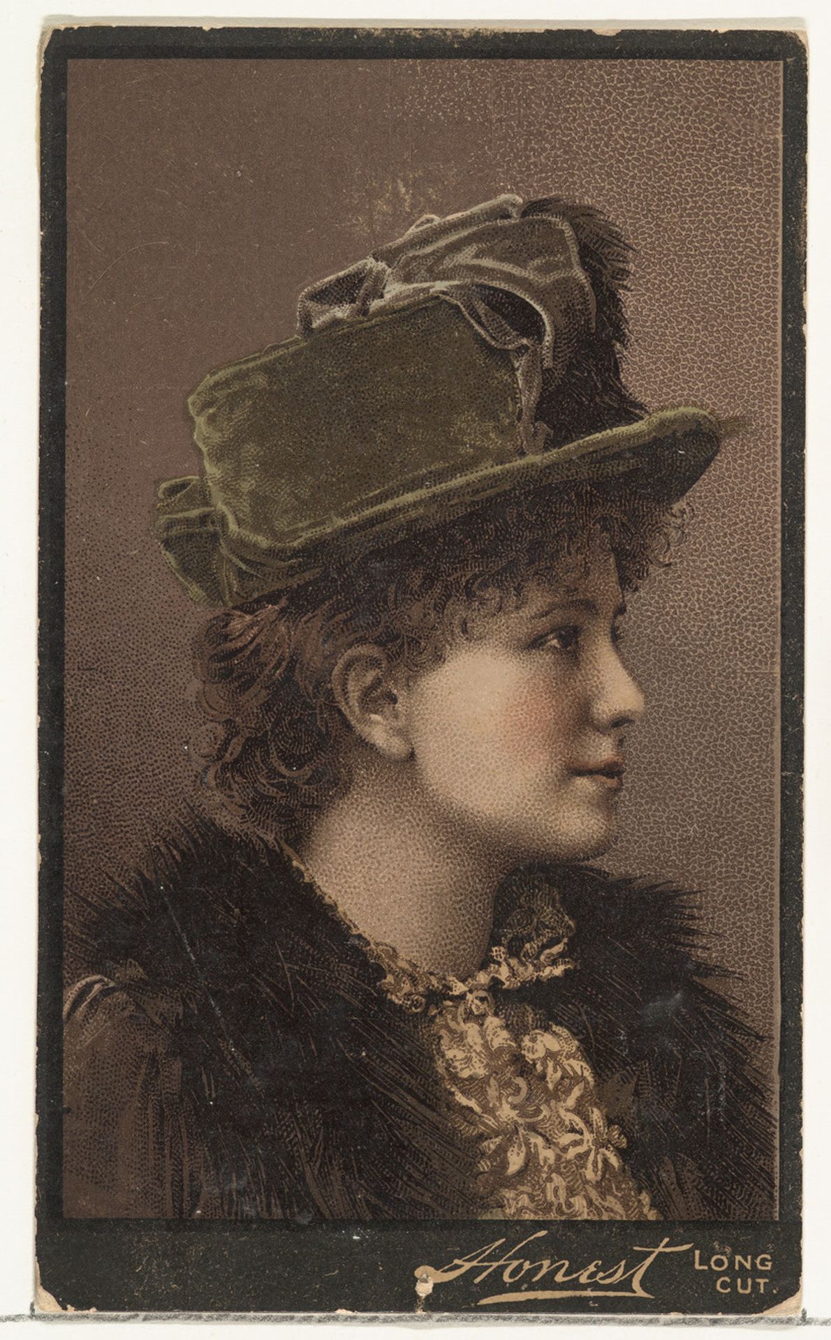 Actress in profile wearing green velvet hat, from Stars of the Stage, Third Series (N131) issued by Duke Sons & Co. to promote Honest Long Cut Tobacco by W. Duke, Sons & Co.