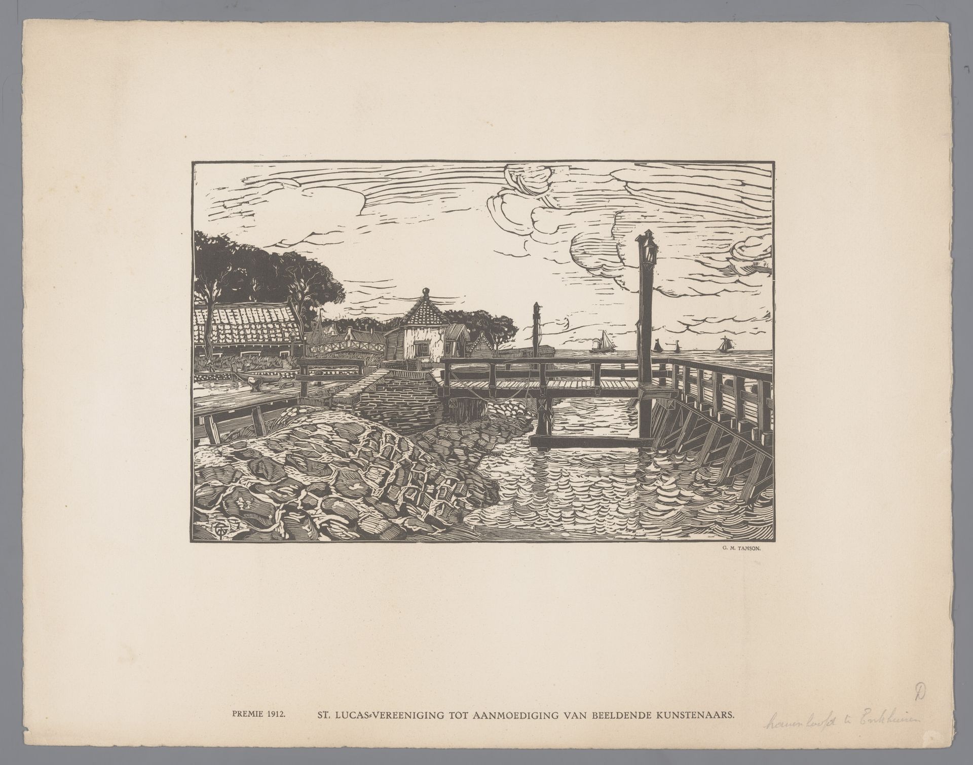 Gezicht op steiger en huizen in de haven van Enkhuizen by George Marinus Tamson