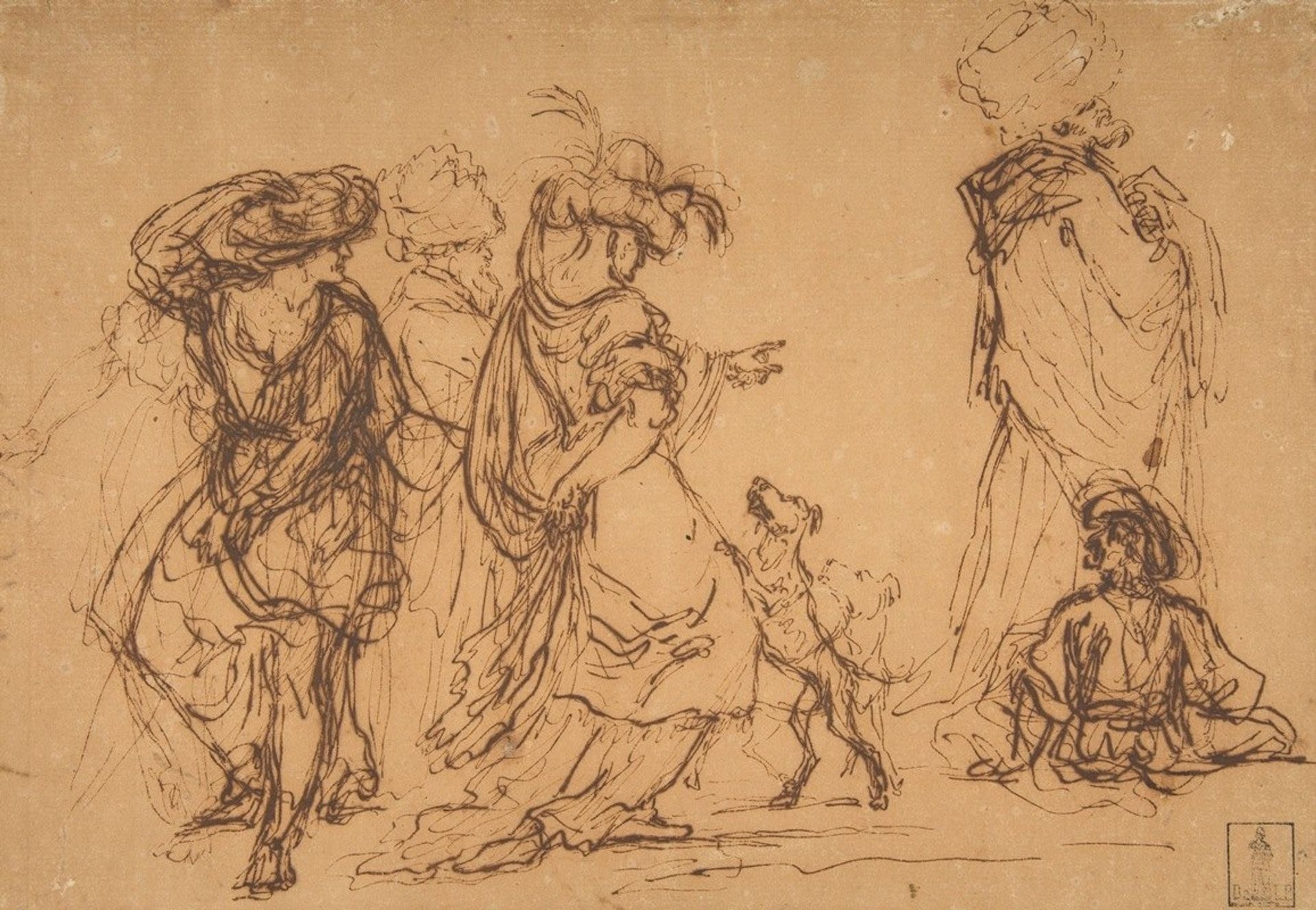 Five Figures in Fantastic Costumes with Two Dogs by Salvator Rosa