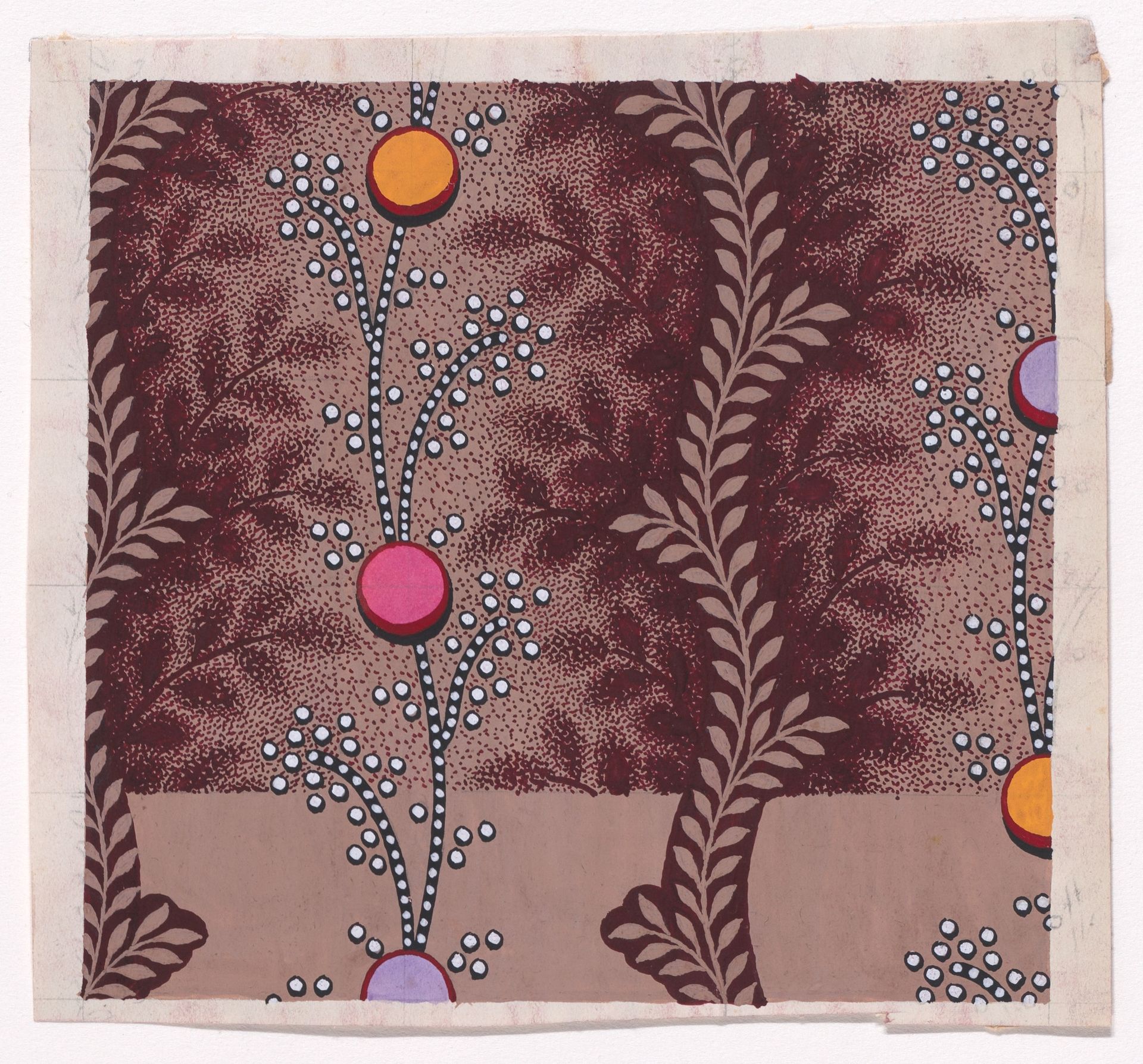Textile Design with Vertical Scrolls of Pearls with Circles Separated by Vertical Undulating Garlands of Stylized Leaves by Anonymous