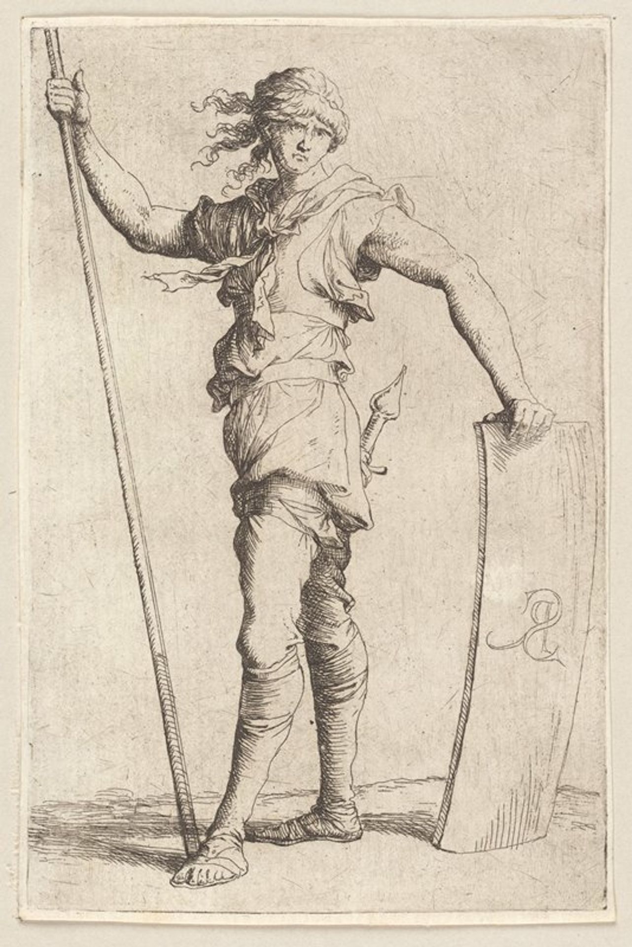Soldier Holding a Cane and His Shield, Facing Left by Salvator Rosa