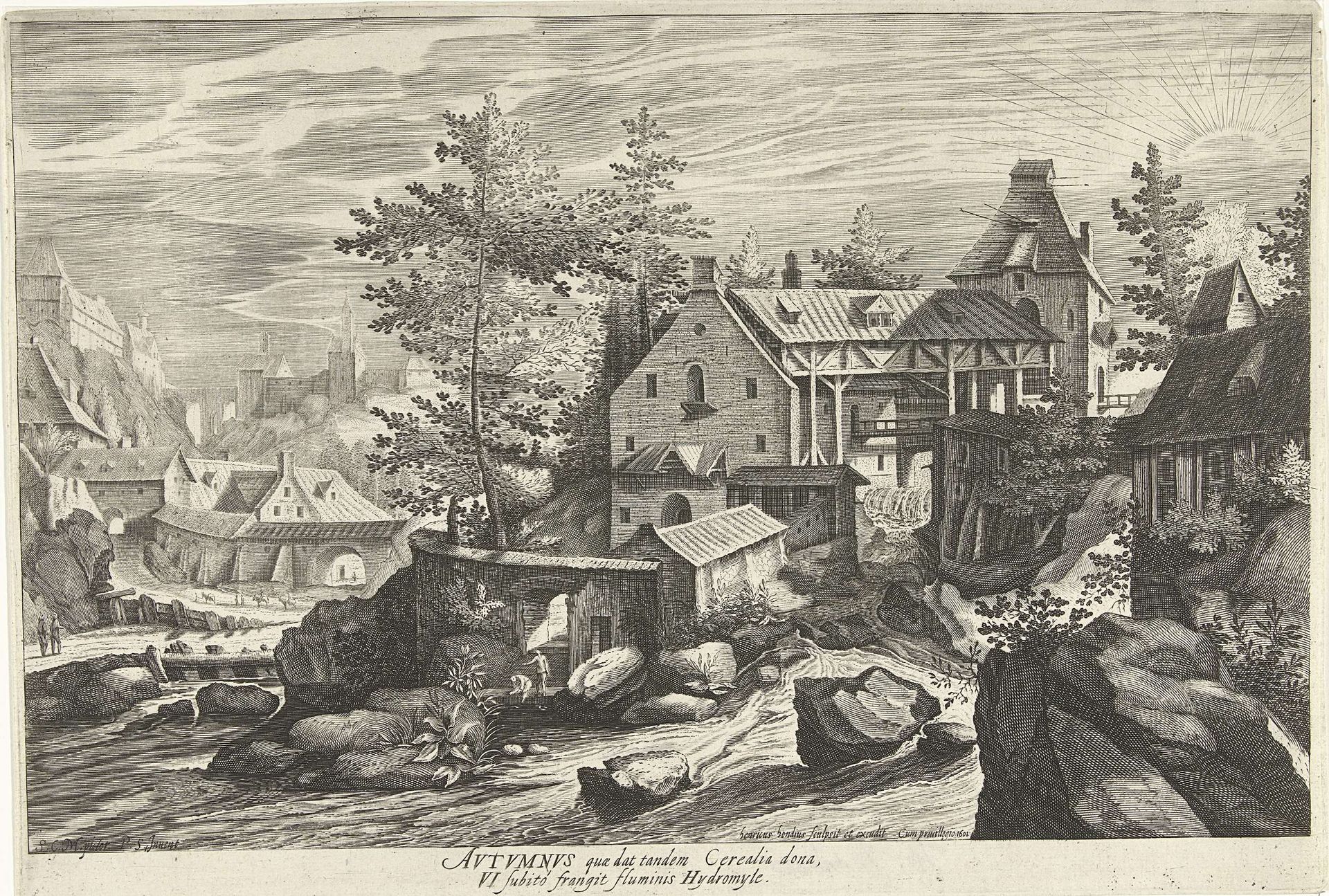 Herfst, een landschap met een dorp aan een rivier by Hendrick Hondius I