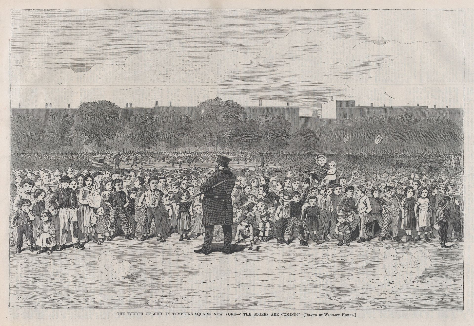 The Fourth of July in Tompkins Square, New York – "The Sogers Are Coming" (from "Harper's Bazar: A Repository of Fashion, Pleasure and Instruction," Vol. I) by Winslow Homer