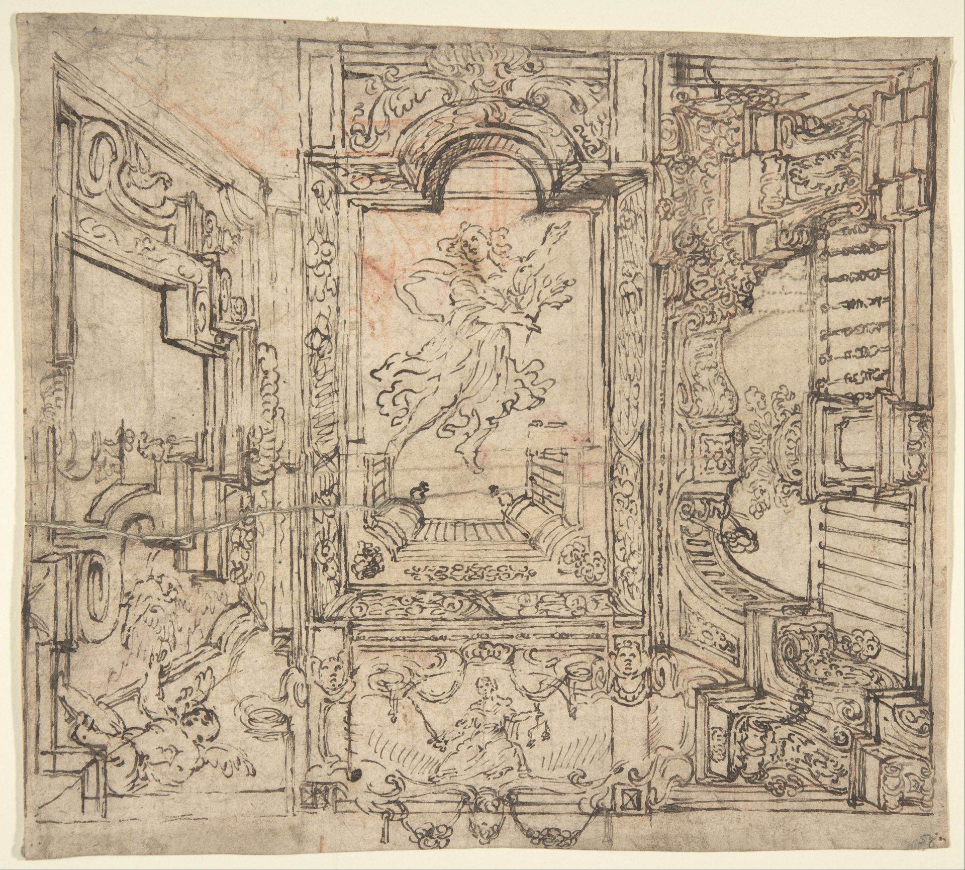 Design for a Painted Ceiling: Perspective Architectural with a Figure at the Center by Anonymous