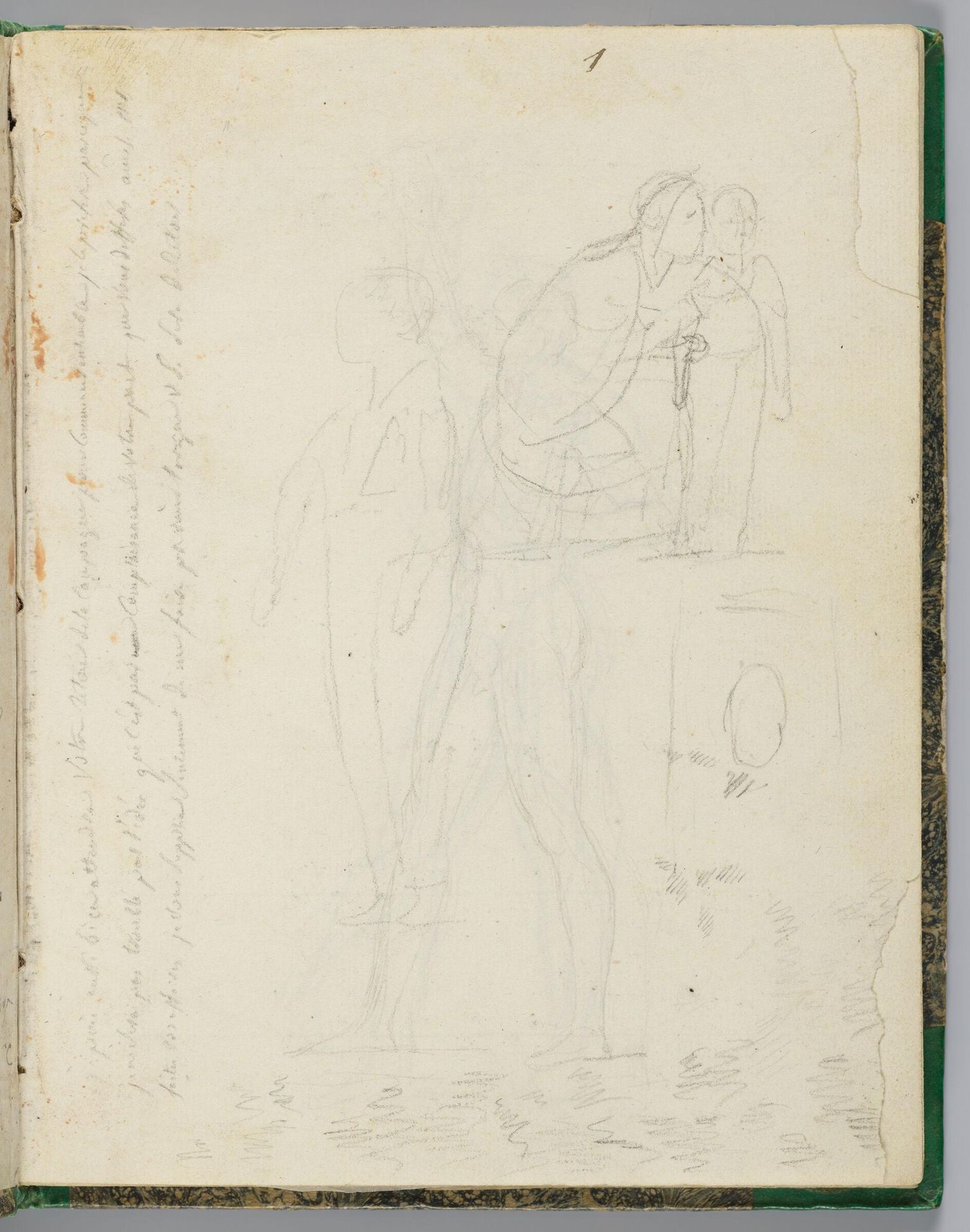 Two Faint Sketches of Napoleon; Princess Louis Kneeling beside Prince Napoleon-Charles; verso: Napoleon Striding Forward While Holding the Crown by Jacques-Louis David