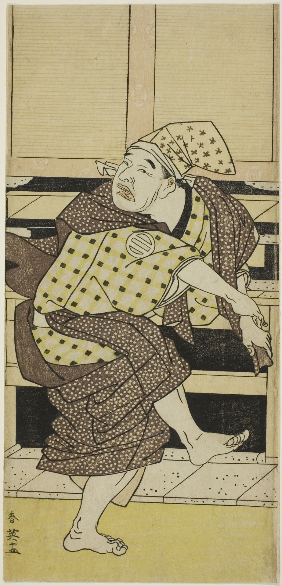 The Actor Asao Tamejuro I as Drunken Gotobei Doing a Sambaso Dance (Goto Sambaso), in Act Three of the Play Yoshitsune Koshigoe Jo (Yoshitsune's Koshigoe Petition), Performed at the Ichimura Theater from the Ninth Day of the Ninth Month, 1790 by Katsukawa Shun'ei