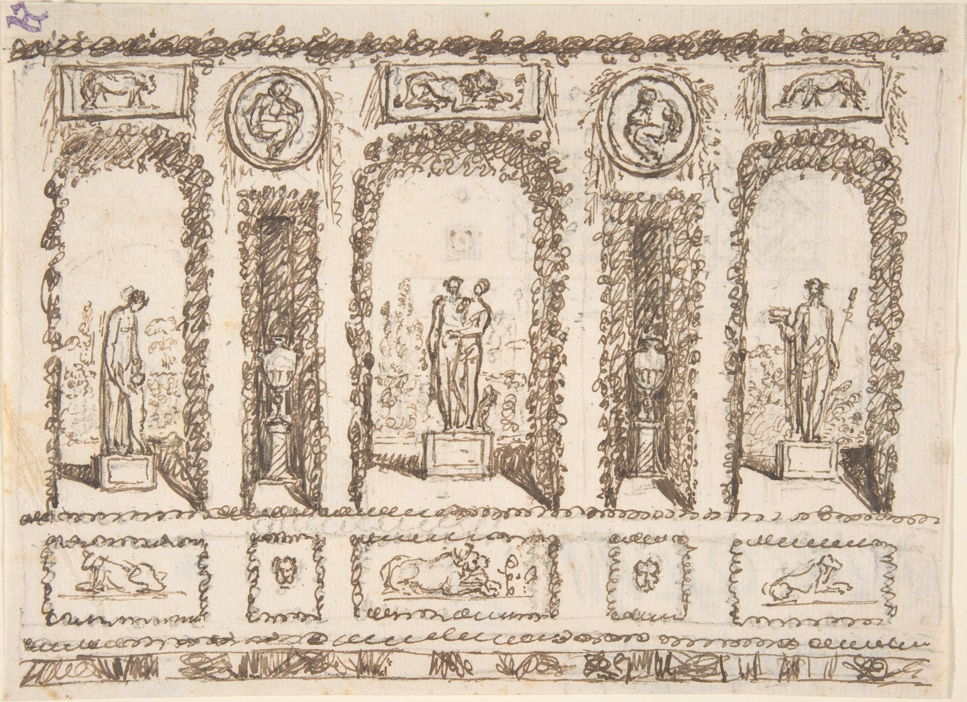 Design for a Wall Decoration of a Conservatory or Grotto with Statues and Vases in Niches by Anonymous