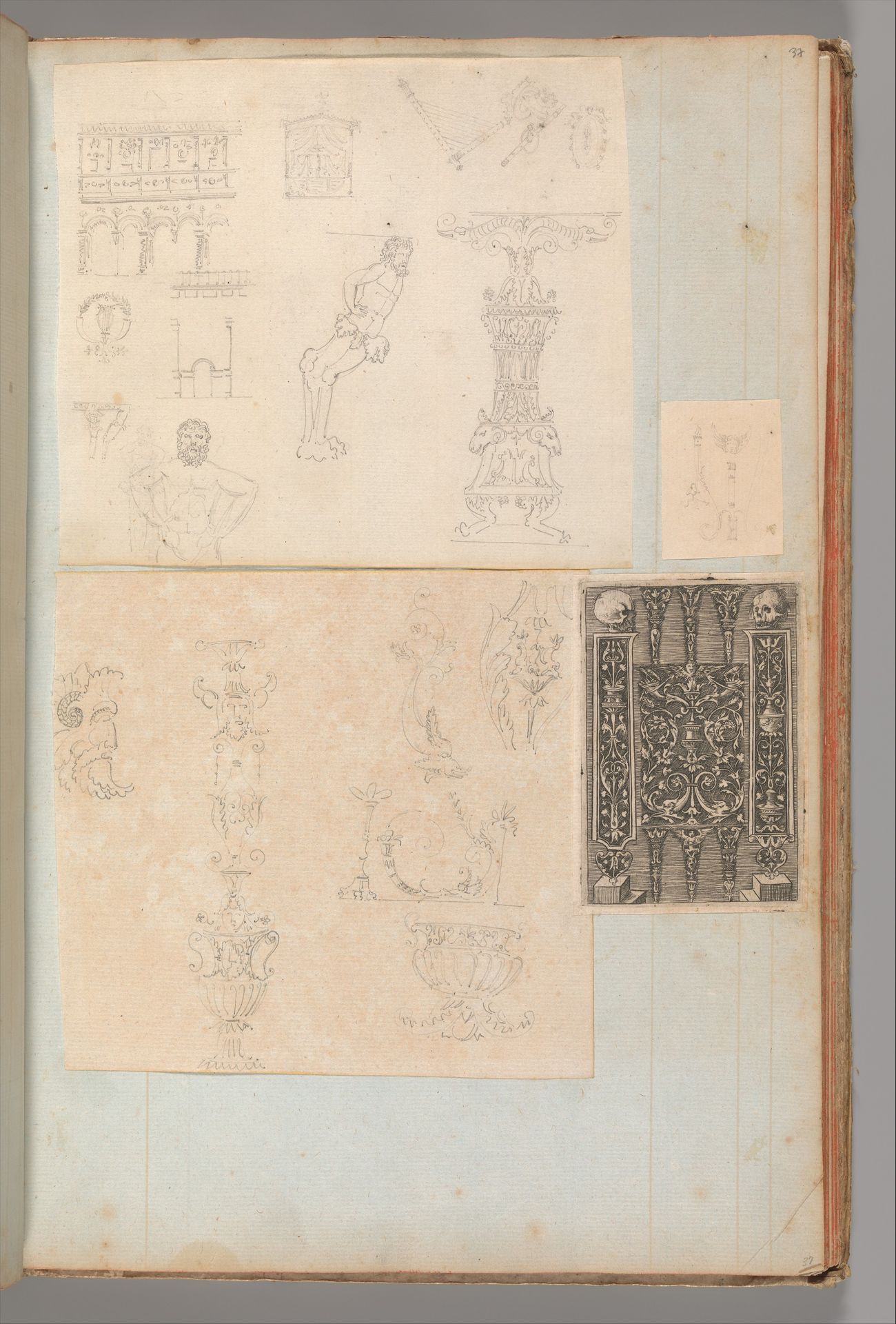 Page from a Scrapbook containing Drawings and Several Prints of Architecture, Interiors, Furniture and Other Objects by Charles Percier
