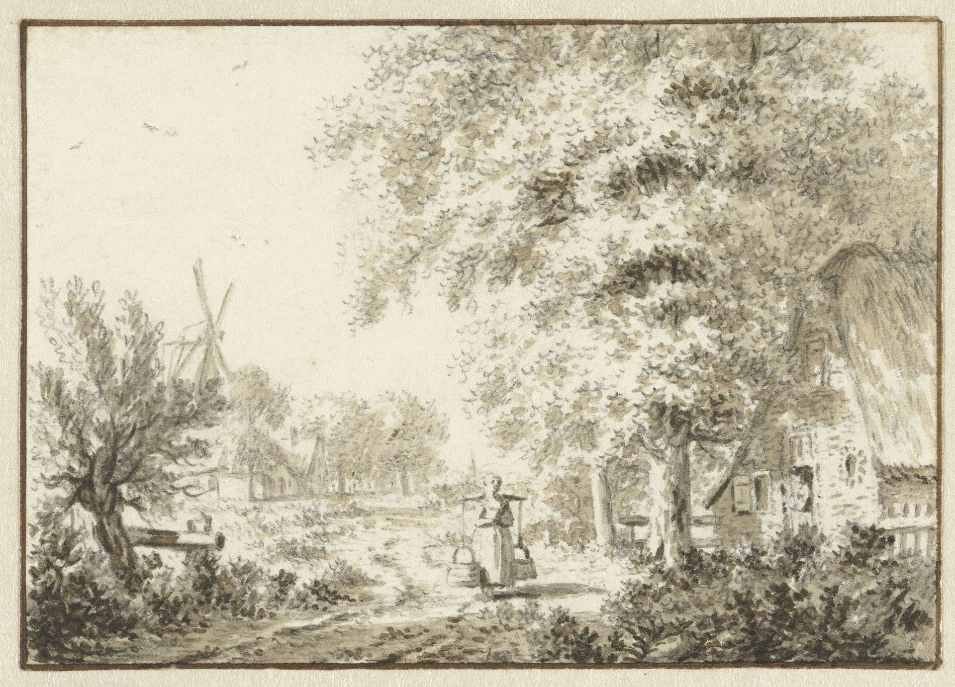 Dorpsgezicht met vrouw met juk by Jacob Cats