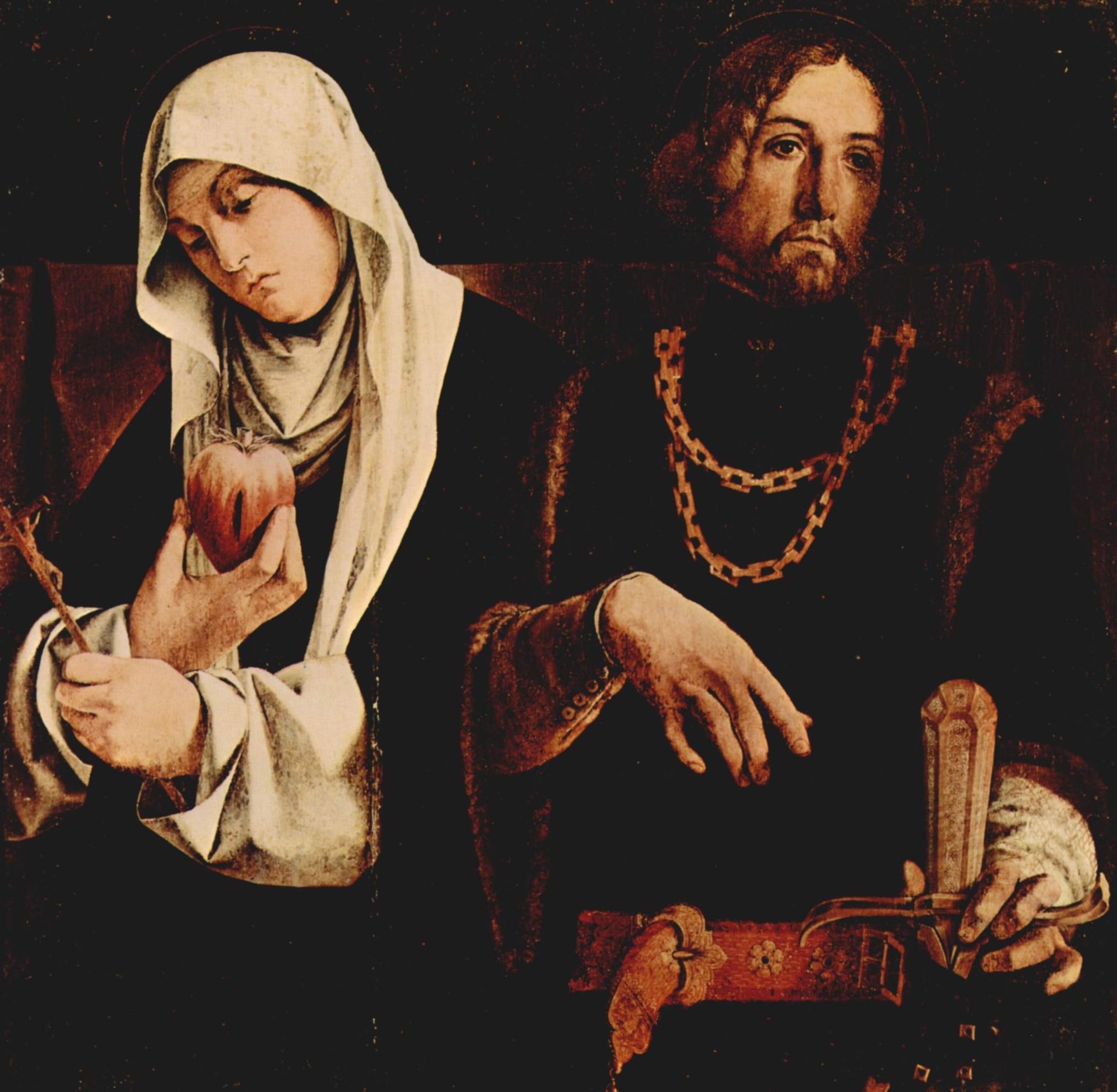 Altar of Recanati polyptych, crowning of the right wing: St. Catherine of Siena, and St. Sigismund by Lorenzo Lotto