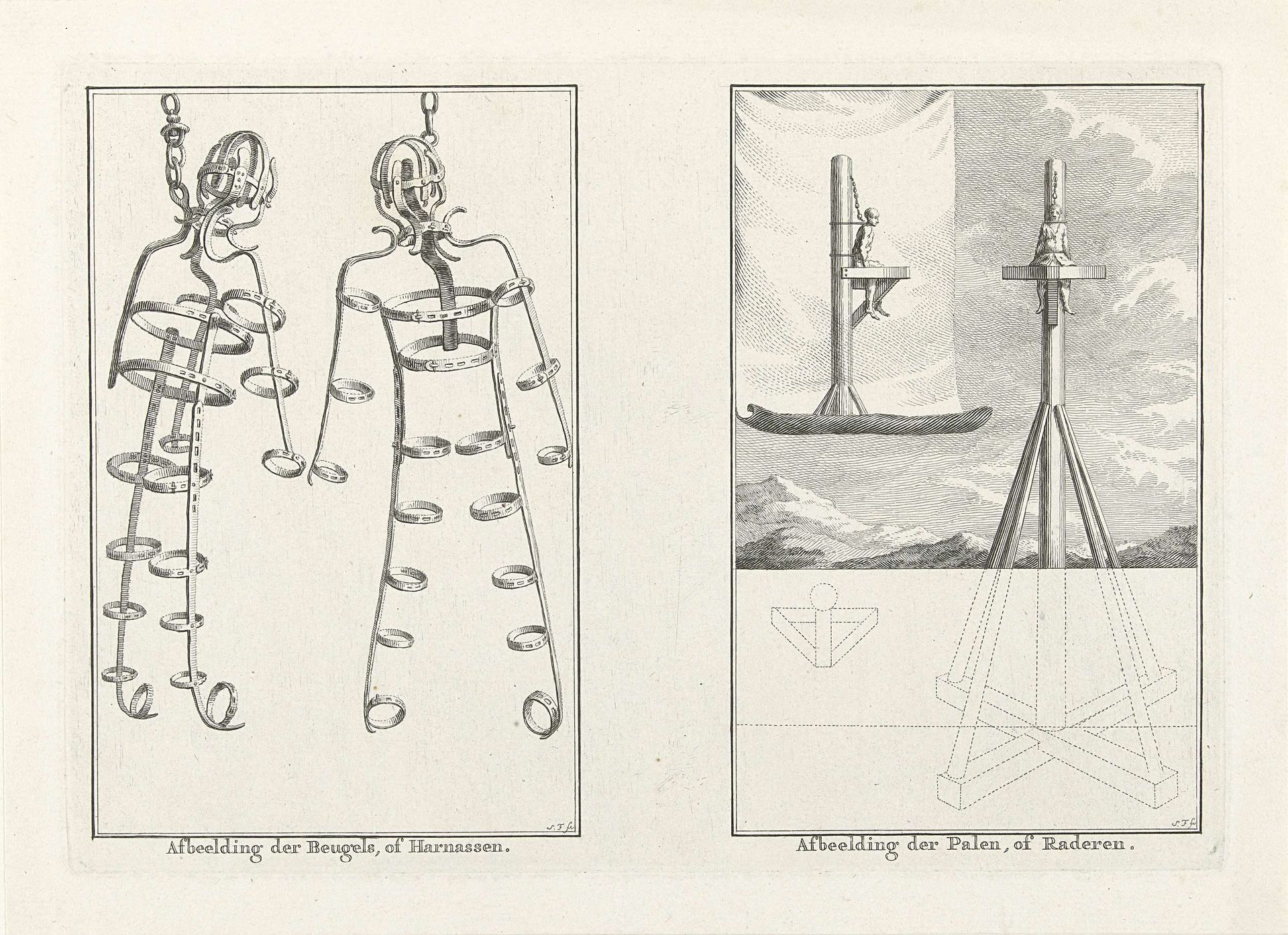 Harnassen en paal voor de lichamen van de muiters van de Nijenburg, 1764 by Simon Fokke