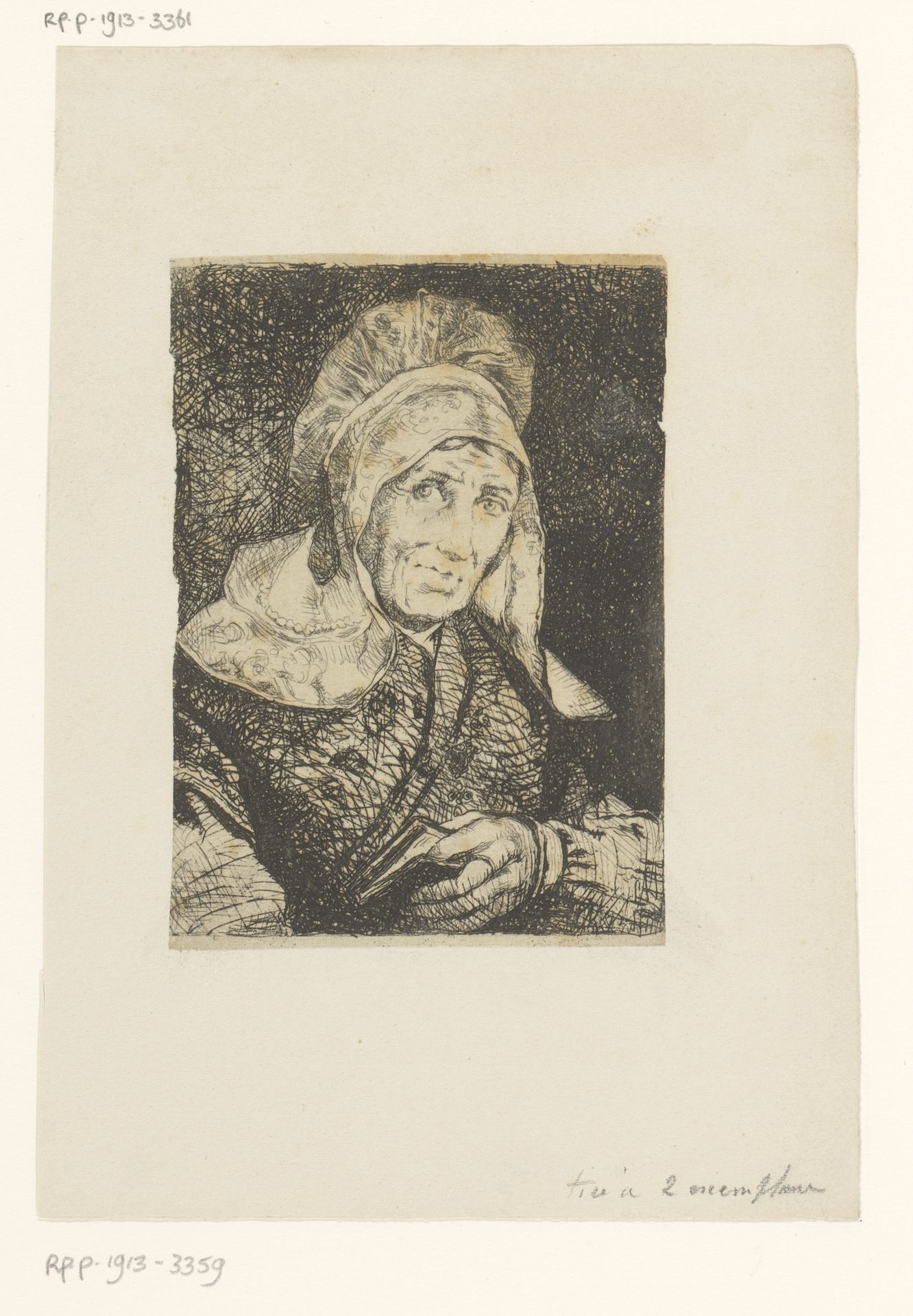 Hoofd van een oude vrouw met muts en een boek in haar hand by Piet Verhaert