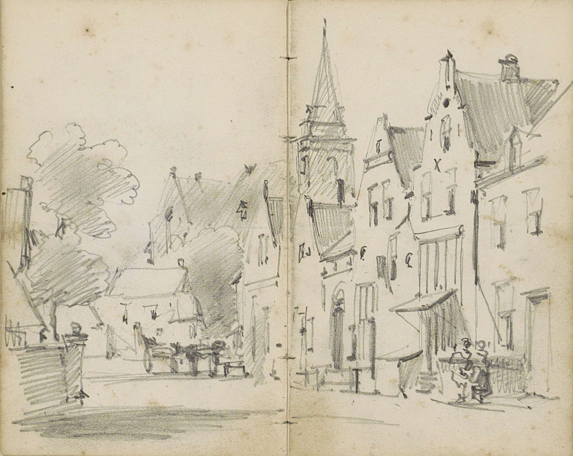 Dorpsgezicht met figuren en een kerktoren by Willem Koekkoek