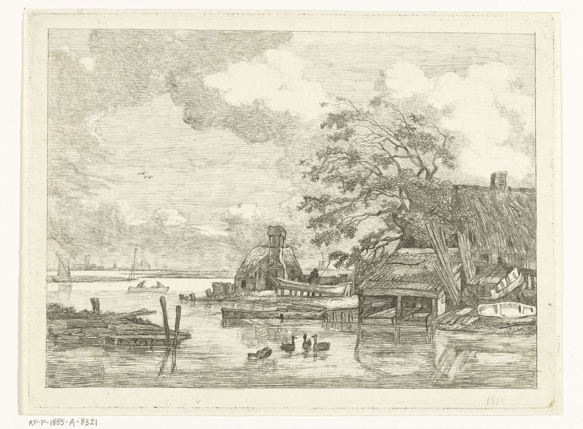 Gezicht op het Spaarne met scheepstimmerwerf en washuis bij Haarlem by Albertus Brondgeest