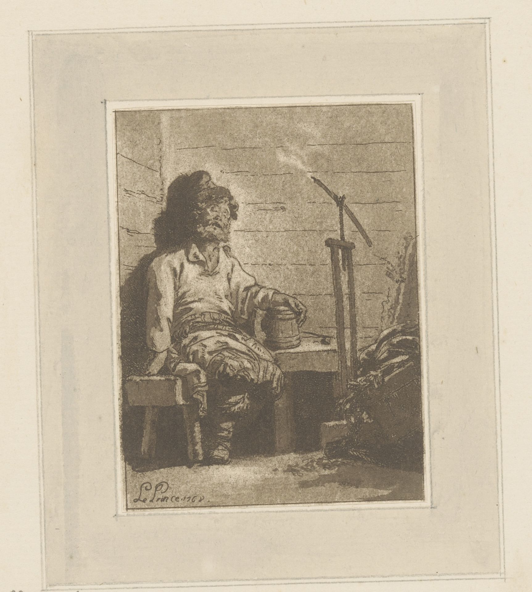 Slapende man op een bank by Jean Baptist Leprince