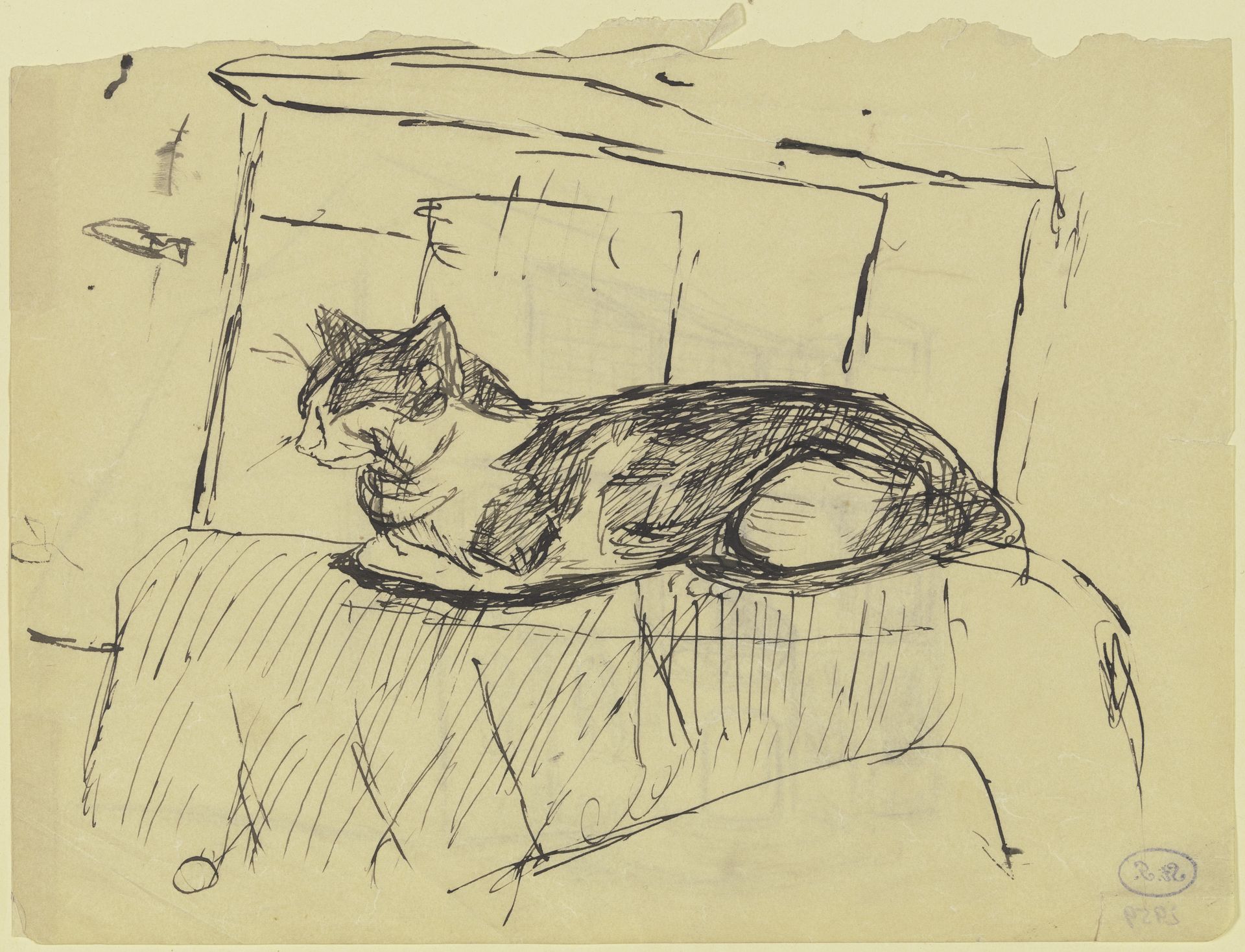 Auf einem Möbelstück liegende Katze by Max Beckmann