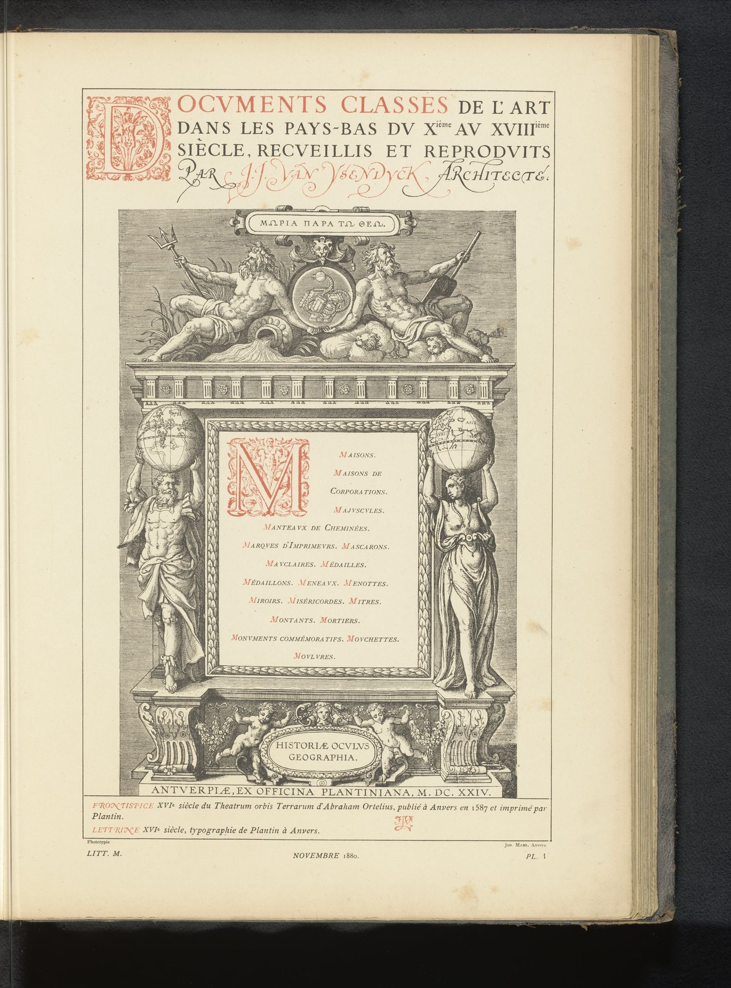 Reproductie van een titelpagina uit het Theatrum orbis Terrarum van Abraham Ortelius, met Jupiter, Juno, Neptunus en andere figuren by Anonymous