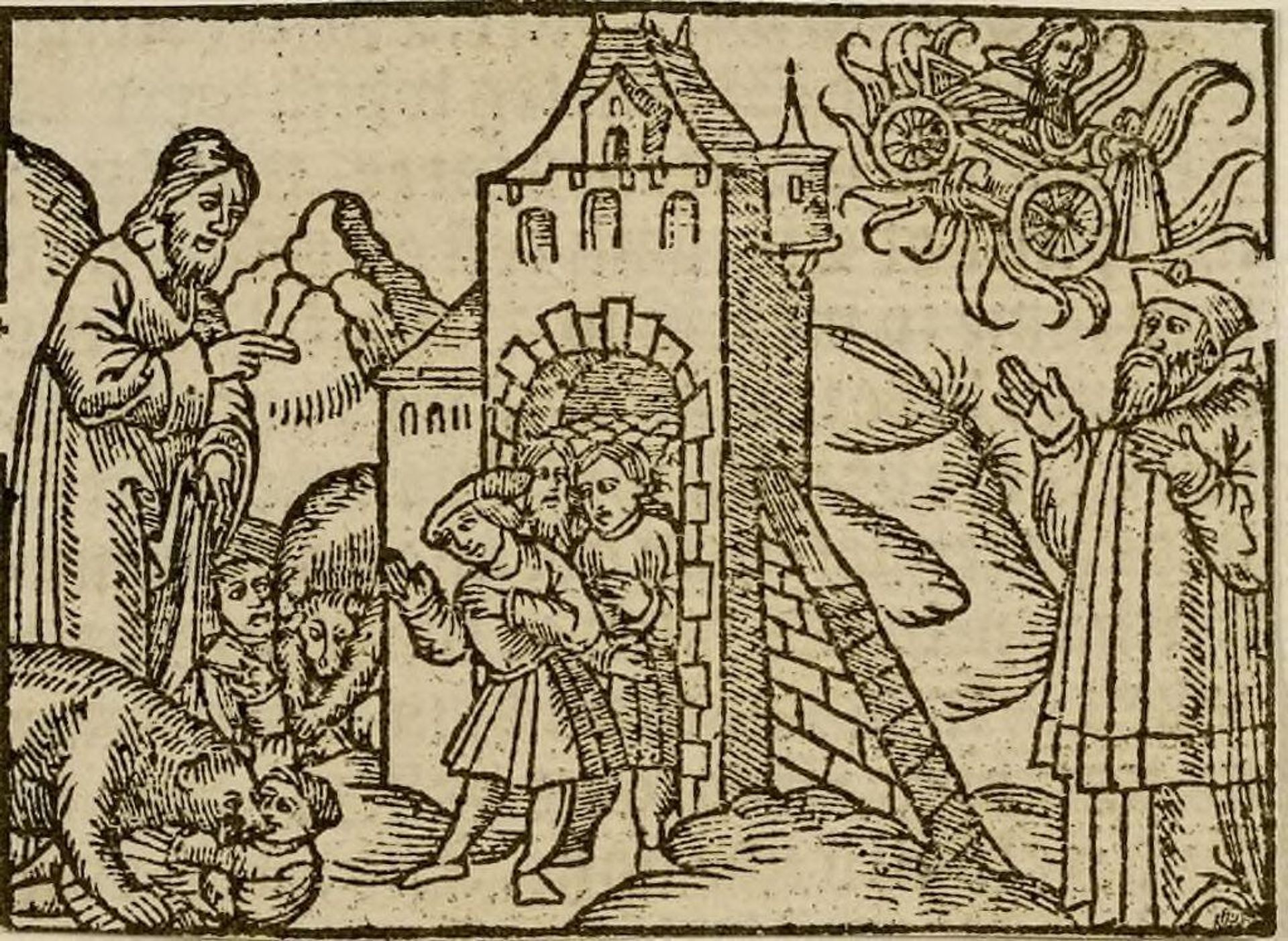 Illustration XIII: A chariot of fire parts Elijah from Elisha. Elijah is taken up to heaven in a whirlwind.  On Elisha's journey to Beth, yound children who mock him are torn apart by she-bears (IV Kings 2). by Anonymous
