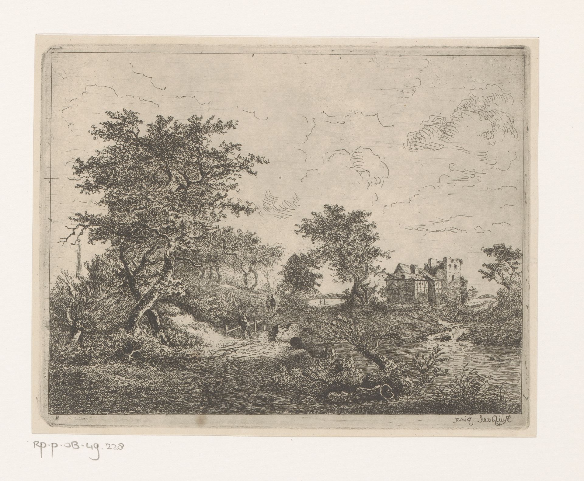 Landschap met lage brug over een stroom en een vervallen landhuis op de achtergrond by Jean Théodore Joseph Linnig