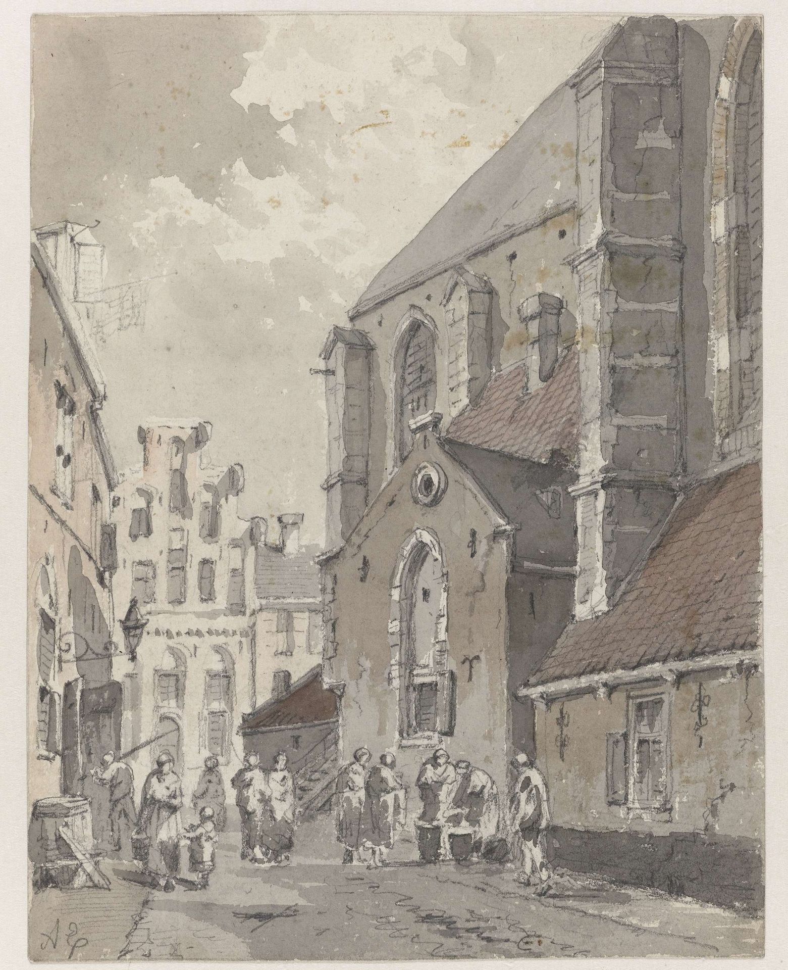 Gezicht te Amersfoort, rechts een deel van de St. Joriskerk by Adrianus Eversen
