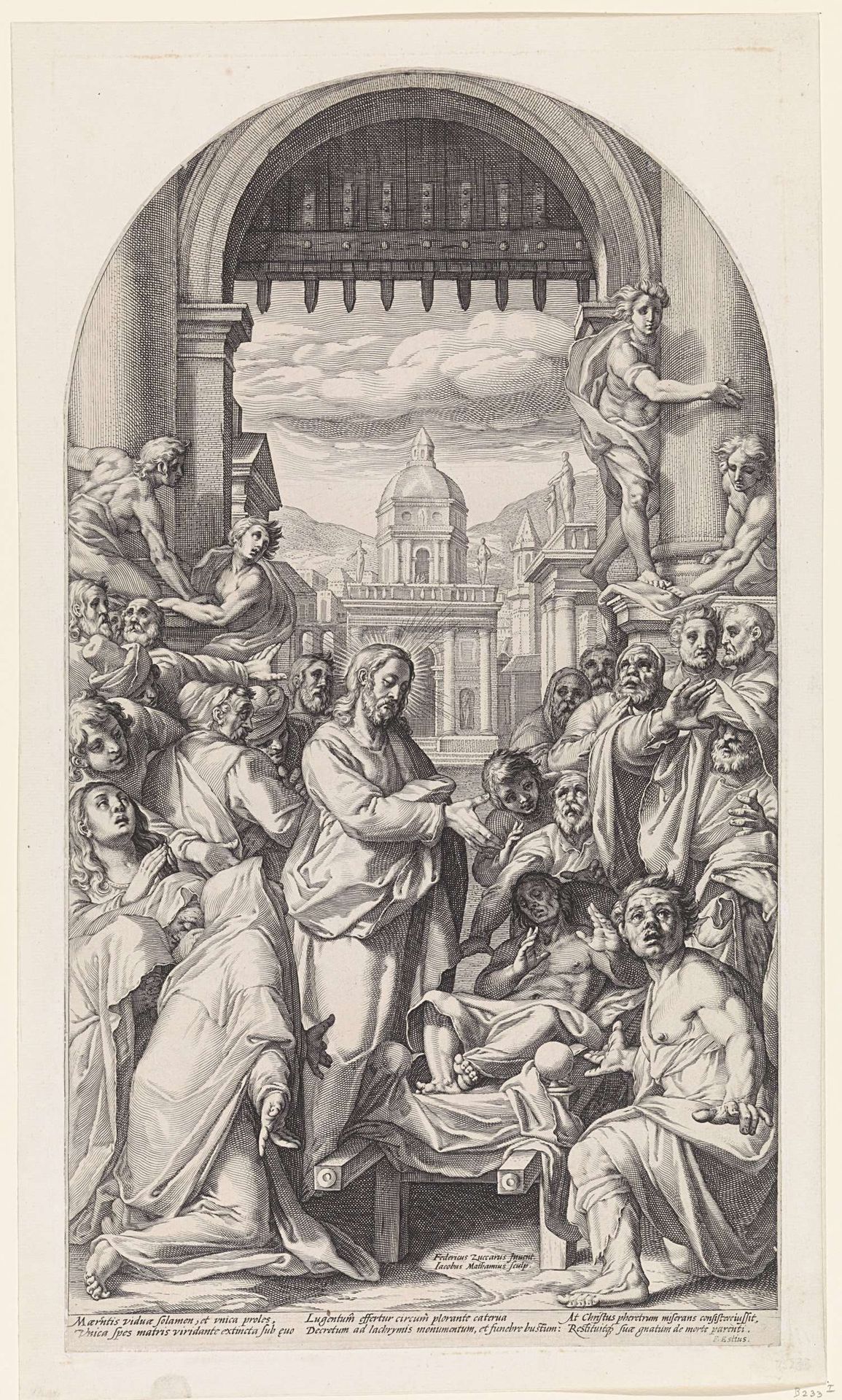 Christus wekt de zoon van de weduwe te Naïn op by Jacob Matham