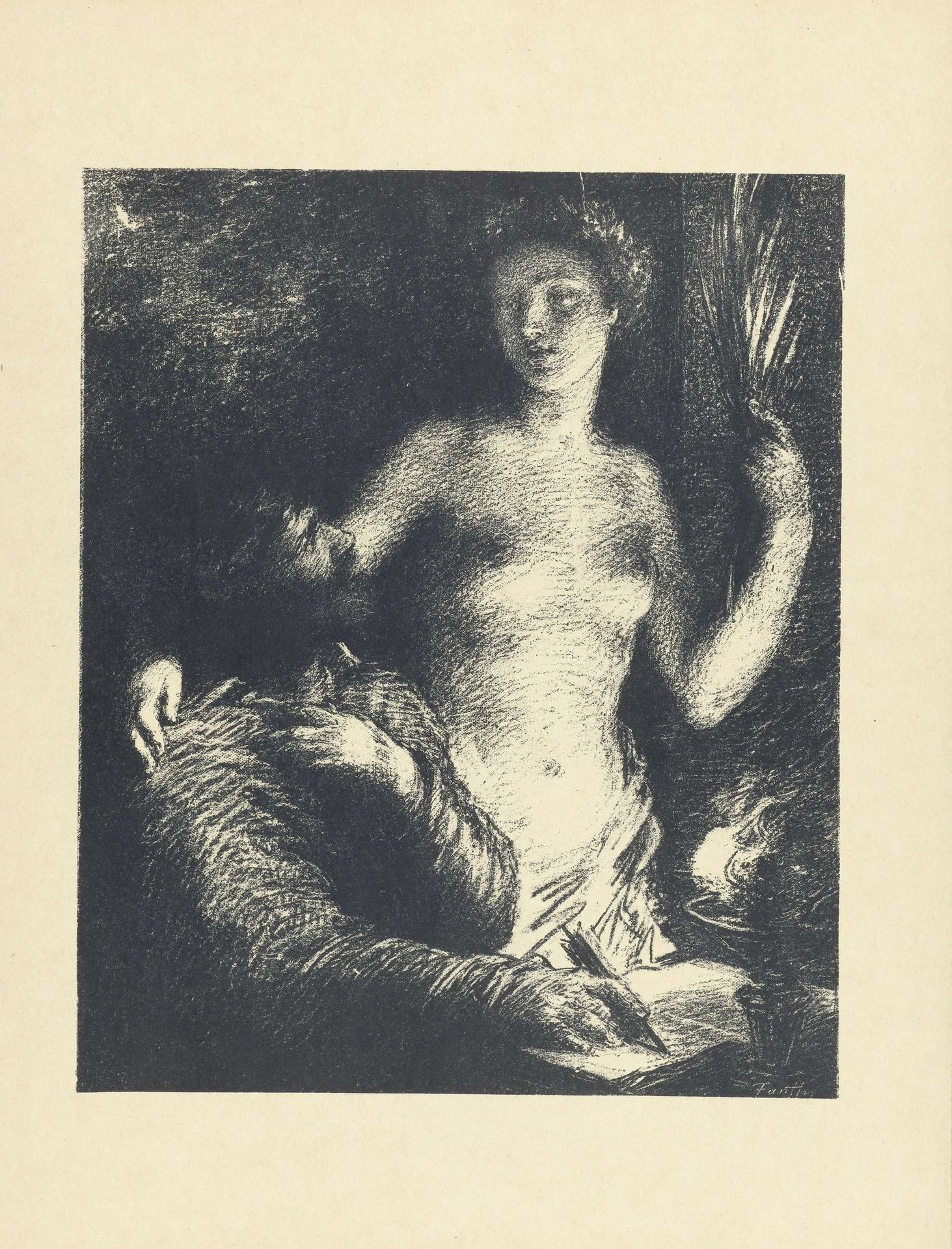 Man zittend met pen in hand en opengeslagen boek en naast hem staande naakte vrouw als muze of Inspiratie by Henri Fantin-Latour