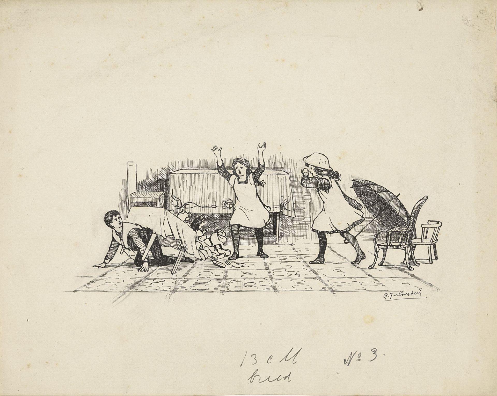 Spelende kinderen bij een omgevallen tafel by Gijsbertus Johannes van Overbeek