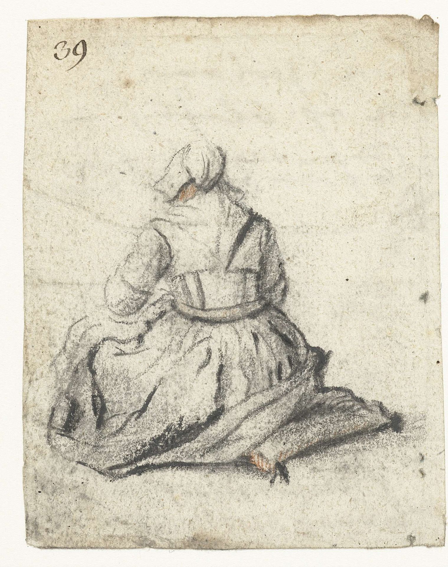 Vrouw zittend op een kussen, van achteren by Harmen ter Borch