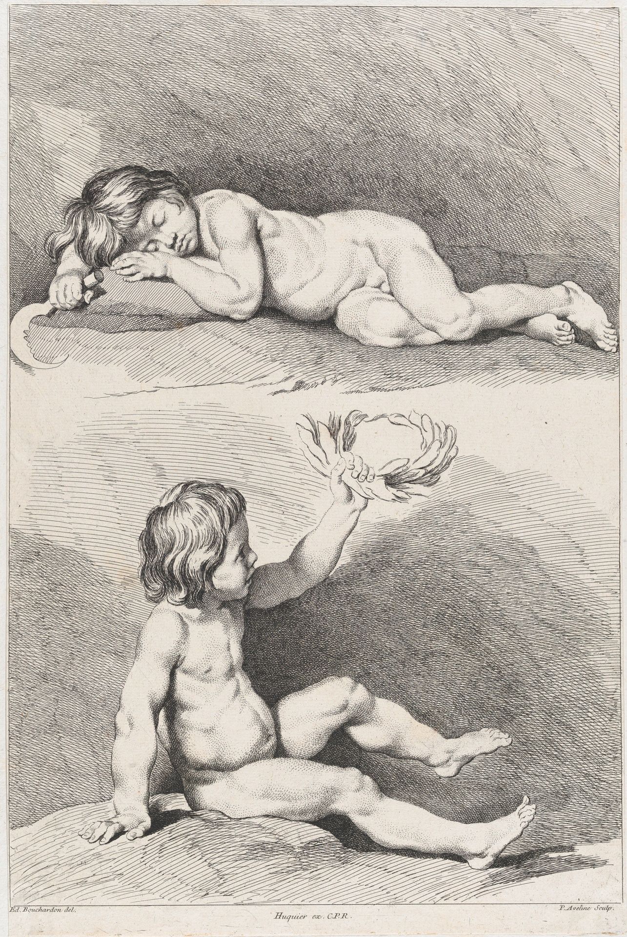 Two nude children, one sleeping and the other holding a wreath, from New Book of Children by Pierre Alexandre Aveline