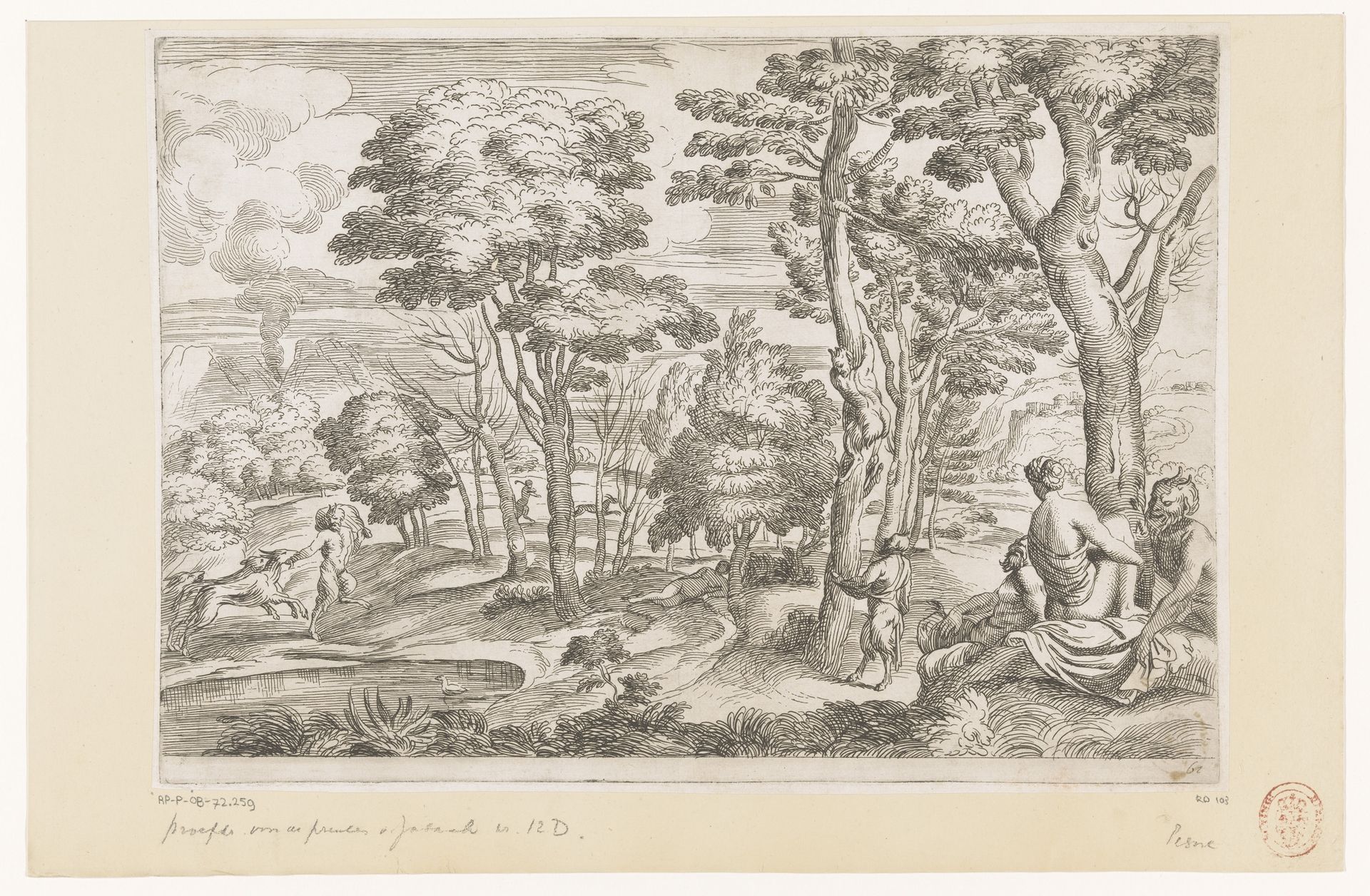 Boslandschap met saters en nimfen by Jean Pesne