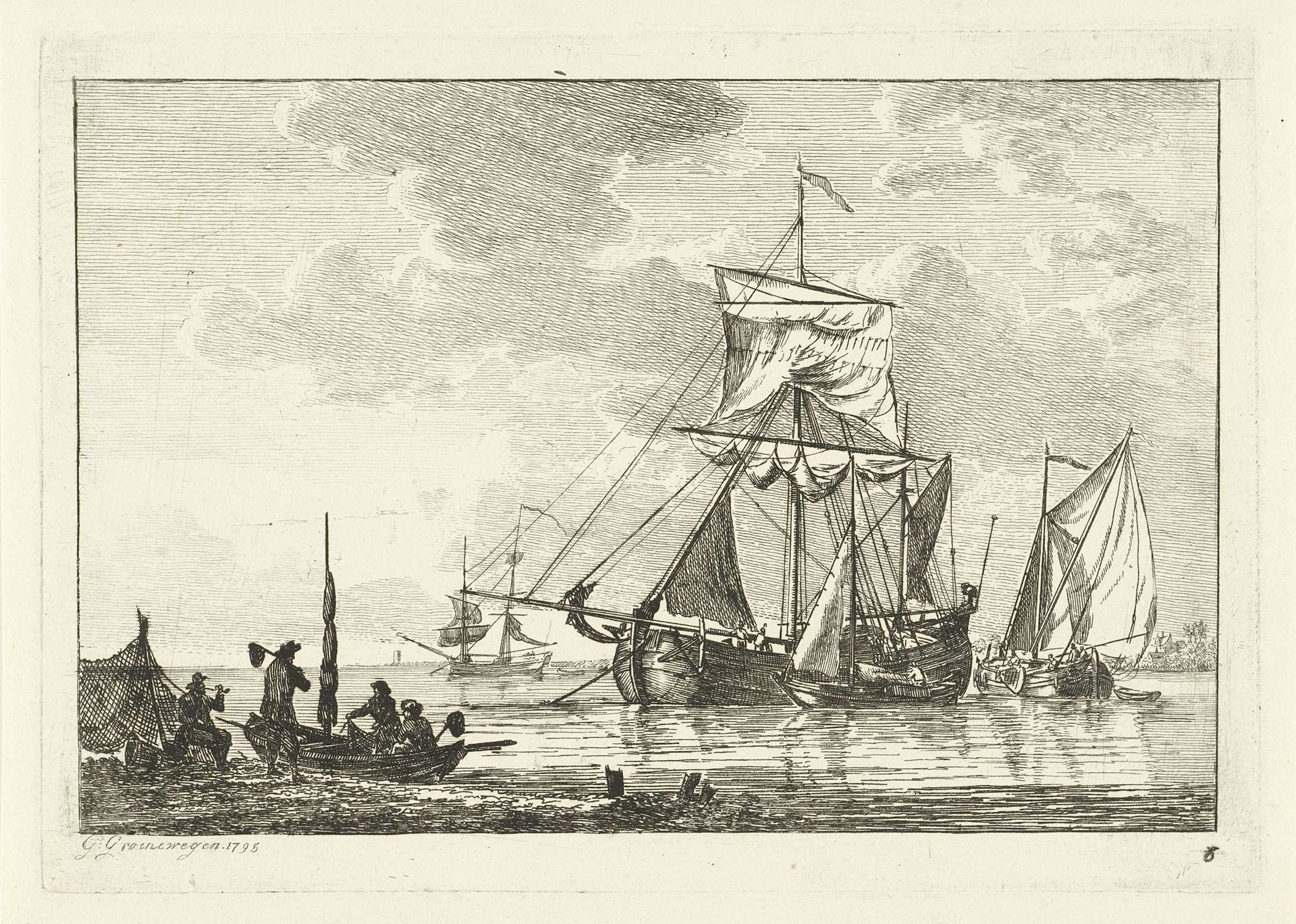 Vier zeilschepen op stil water by Gerrit Groenewegen